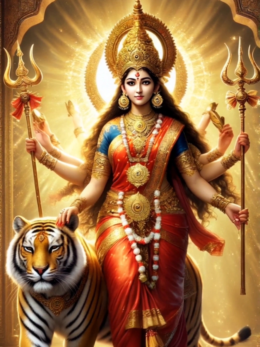 The nine forms of Goddess Durga, collectively worshipped during Navratri, are known as Navadurga. Shailaputri The daughter of the mountains (Himalayas), symbolizing strength and purity. She rides a bull and carries a trident and a lotus. Brahmacharini The goddess of penance and devotion. She holds a rosary and a water pot, representing spiritual knowledge and meditation. Chandraghanta The goddess with a crescent moon on her forehead, symbolizing courage and grace. She rides a tiger and is ready to battle evil forces. Kushmanda The creator of the universe, radiating warmth and energy. She carries a pot of nectar and weapons, and her smile symbolizes life and vitality. Skandamata The mother of Skanda (Lord Kartikeya). She represents motherhood and rides a lion while holding her child. Katyayani Born from the penance of sage Katyayana, she symbolizes power and vengeance. She is depicted riding a lion and slaying demons. Kalaratri The fiercest form of Durga, representing destruction of evil. She is dark-skinned, rides a donkey, and carries a sword. Mahagauri The symbol of purity, peace, and tranquility. She is fair-complexioned, rides a bull, and carries a trident and a drum. Siddhidatri The granter of supernatural powers (siddhis) and ultimate wisdom. She is depicted seated on a lotus, bestowing blessings on her devotees. #fyp #foryou #foryoupage #Navadurga #DurgaMaa #HinduCulture #NavratriVibes #GoddessDurga #SpiritualJourney #IndianFestivals #DivineFeminine #SacredEnergy