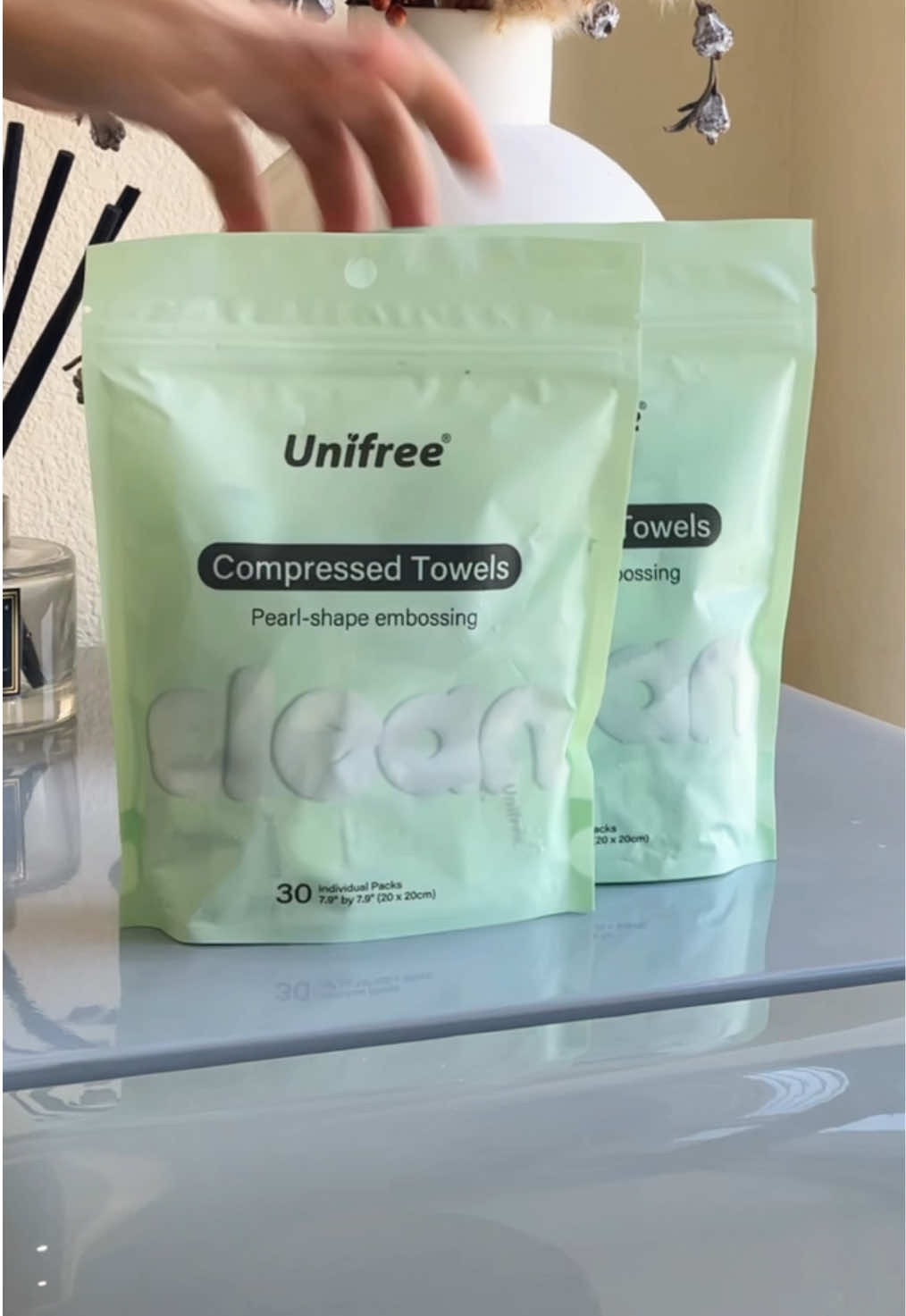 The small one is about the size of a candy and easy to carry.#Unifreeus #compressedtowel #clean 