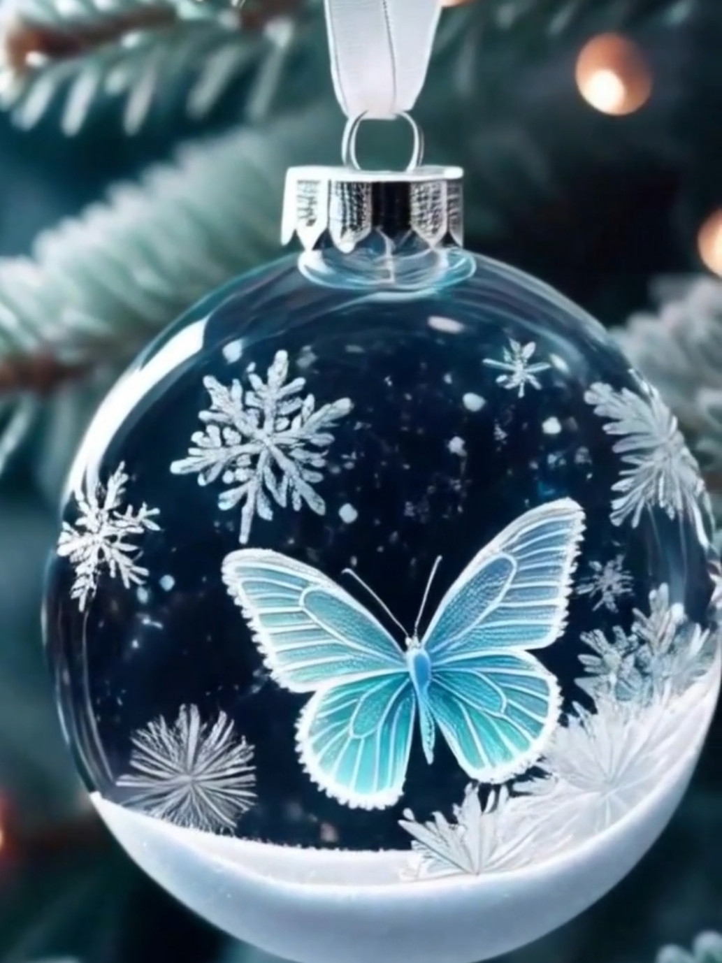 Frozen Butterfly Ornament A frosted glass globe cradles a glowing butterfly encased in delicate icy crystals, its wings radiating soft blue light. Suspended from a shimmering white ribbon, the ornament reflects the pale glow of surrounding decorations, adding a touch of frosty elegance. #LiveWallpaper #AIWallpapers #FrozenElegance #WinterGlow #ButterflyMagic 