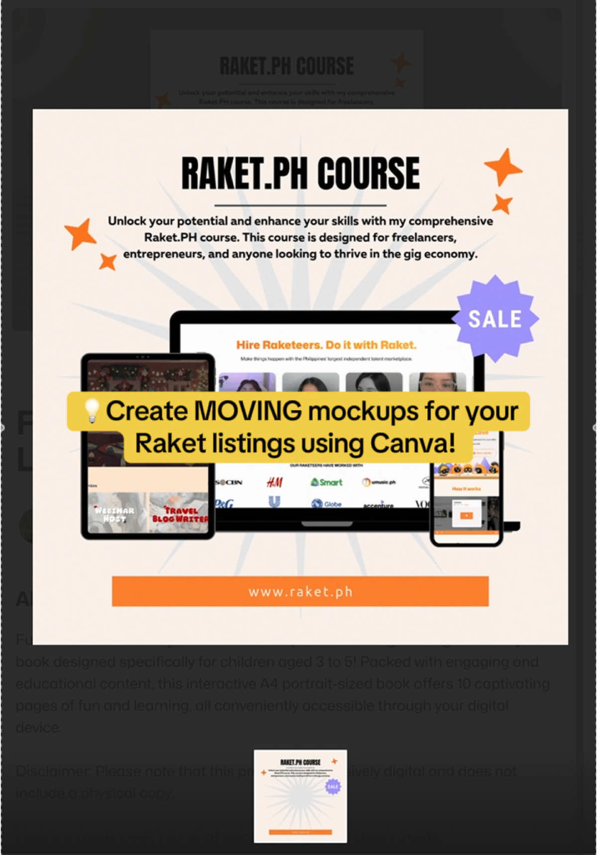 [Tutorial] Ceate Moving Mockups for Your Raket Listings Using Canva! 👀 Make your mockup photos more visually appealing on Raket! *Note: Canva templates used are for tutorial purposes only. Credits to the template owners, Smartly Designed & Rizelle Anne Galvez. #raketph #fyp #digitalproducts #raketips #canva #canvatutorial #canvahack #canvatips #mockupdesign 