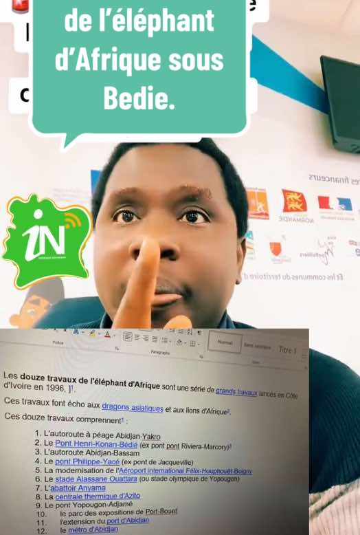 🇨🇮🚨Les 12 travaux de l’éléphant d’Afrique L'autoroute à péage Abidjan-Yakro Le Pont Henri-Konan-Bédié (ex pont pont Riviera-Marcory)3 L'autoroute Abidjan-Bassam Le pont Philippe-Yacé (ex pont de Jacqueville) La modernisation de l'Aéroport international Félix-Houphouët-Boigny Le stade Alassane Ouattara (ou stade olympique de Yopougon) L'abattoir Anyama La centrale thermique d'Azito Le pont Yopougon-Adjamé le parc des expositions de Port-Bouet l'extension du port d'Abidjan le métro d'Abidjan #cotedivoire🇨🇮 #ivoiriensnouveaux #jaimeCi #ivoiriensdabord 