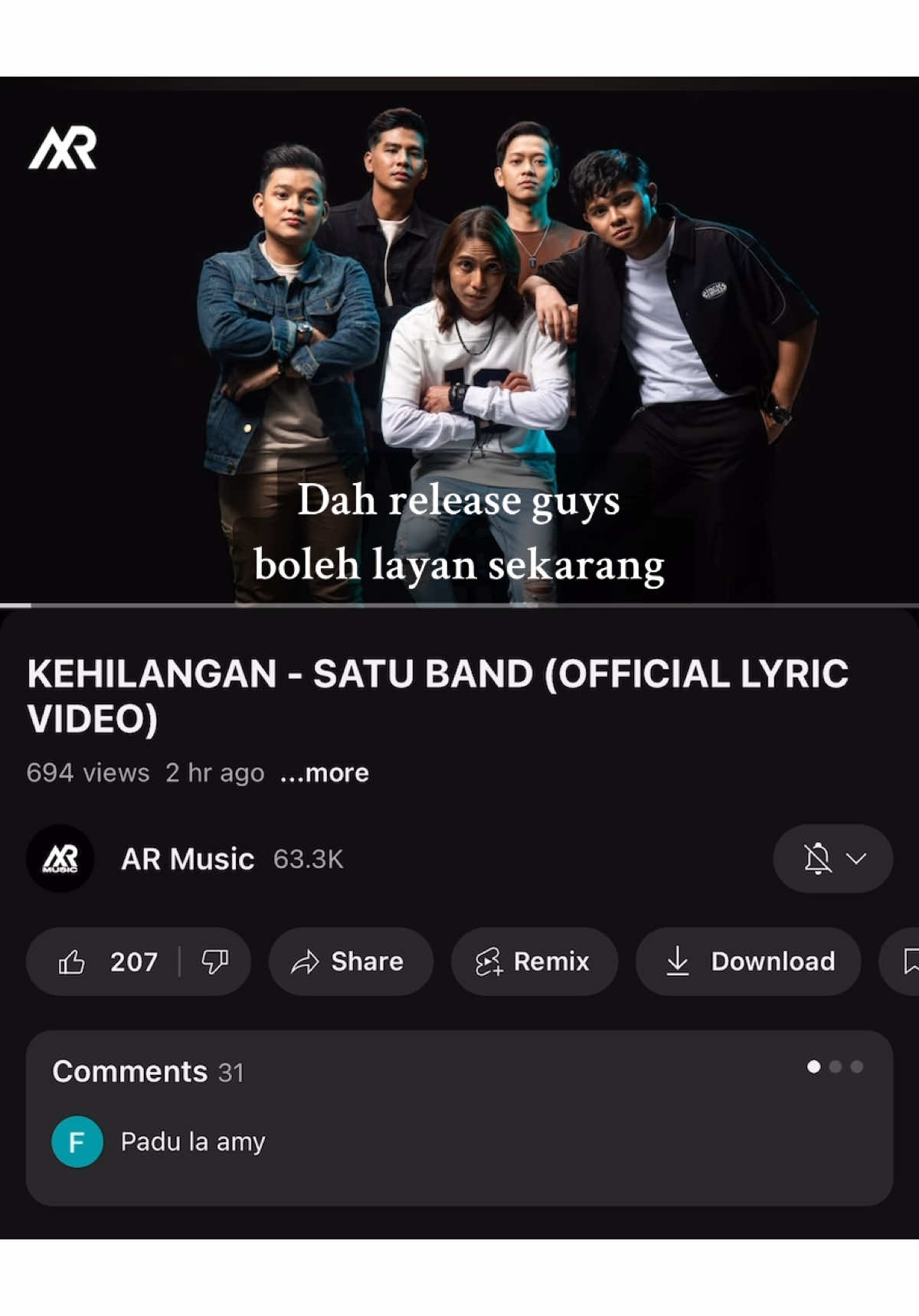 Alhamdulilah release sudah 🔥 Satuband - Kehilangan  #satuband #kehilangan #fypppppppppppppp #fypシ゚ #armusic #galau #trending #lagujiwang 