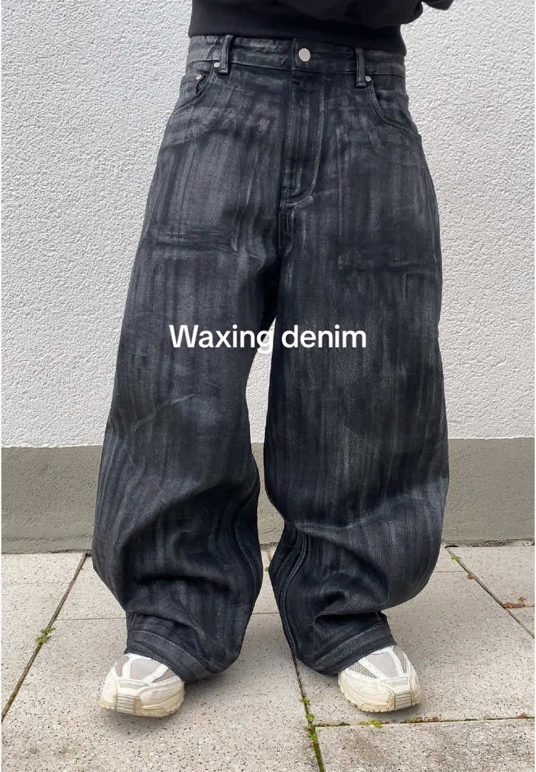 How to wax a denim (i did 3 layers )#baggyjeans #baggypants #streetwear #clothing #waxing #streetwear #fashon 