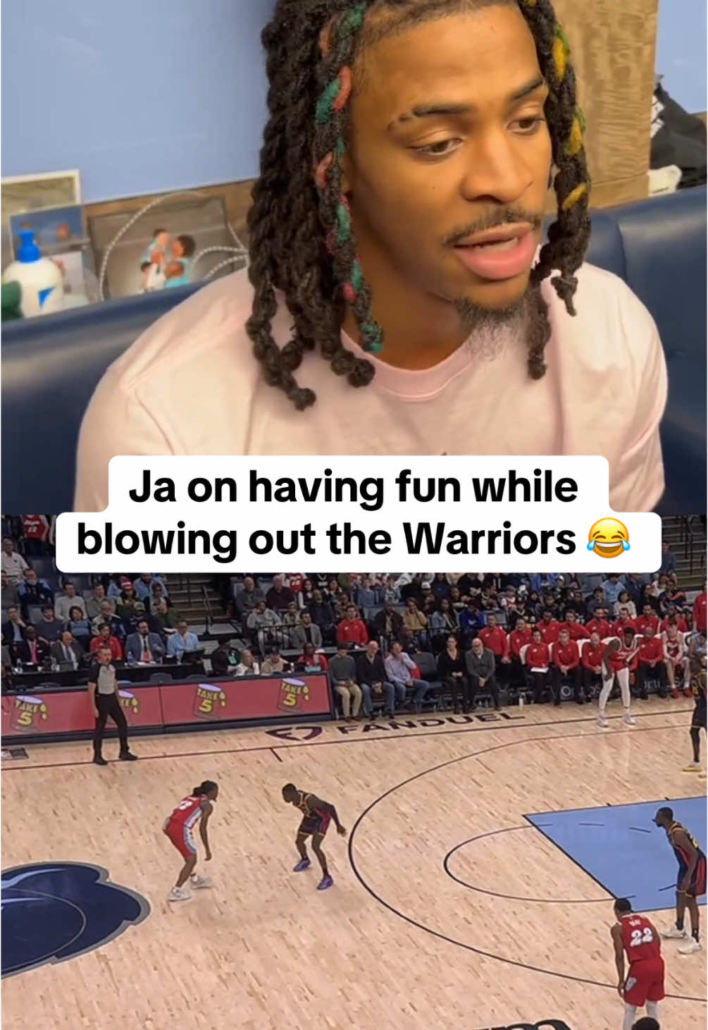 “When I was out there, it was very fun. When I wasn’t , it was even funner.” 🤣 (via MyMikeCheck/X, Grind City Media) #NBA #basketball #jamorant #nbabasketball