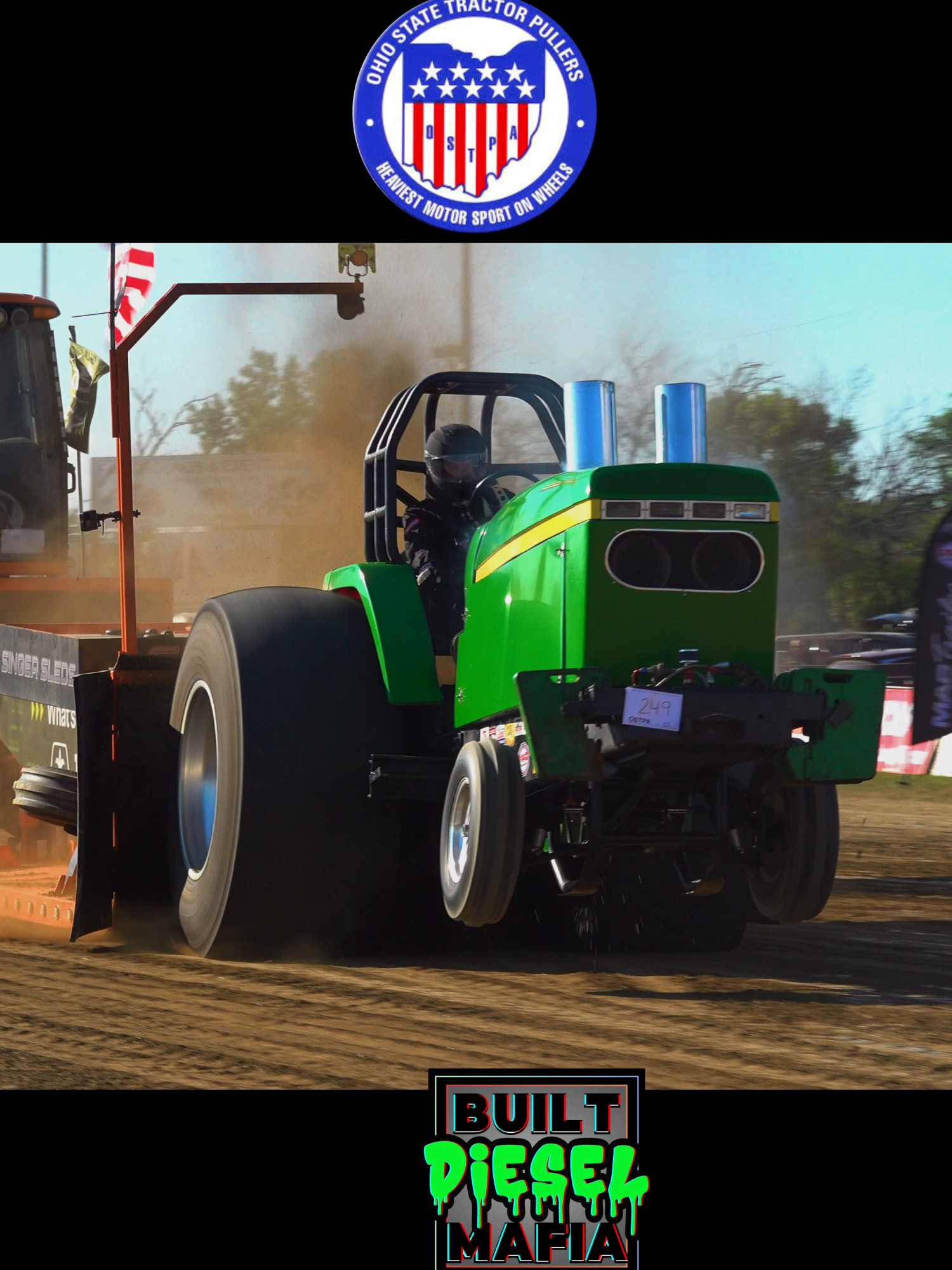 Super Stock alky burning John Deere pulling tractor #ostpa #johndeere #tractorpull #tractors #turbos