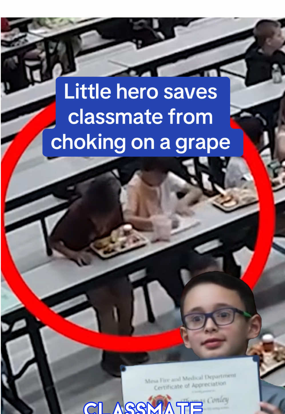 Thomas Conley, 8 was sitting next to Isaiah Rodriguez in Porter Elementary School's cafeteria in Arizona when he noticed his classmate choking. He quickly deployed the Heimlich maneuver and saved his life. The local fire department honored the young boy with a certificate of appreciation for his 'heroic actions.' Read the full story on DailyMail.com #school #Usa #arizona #hero #news 