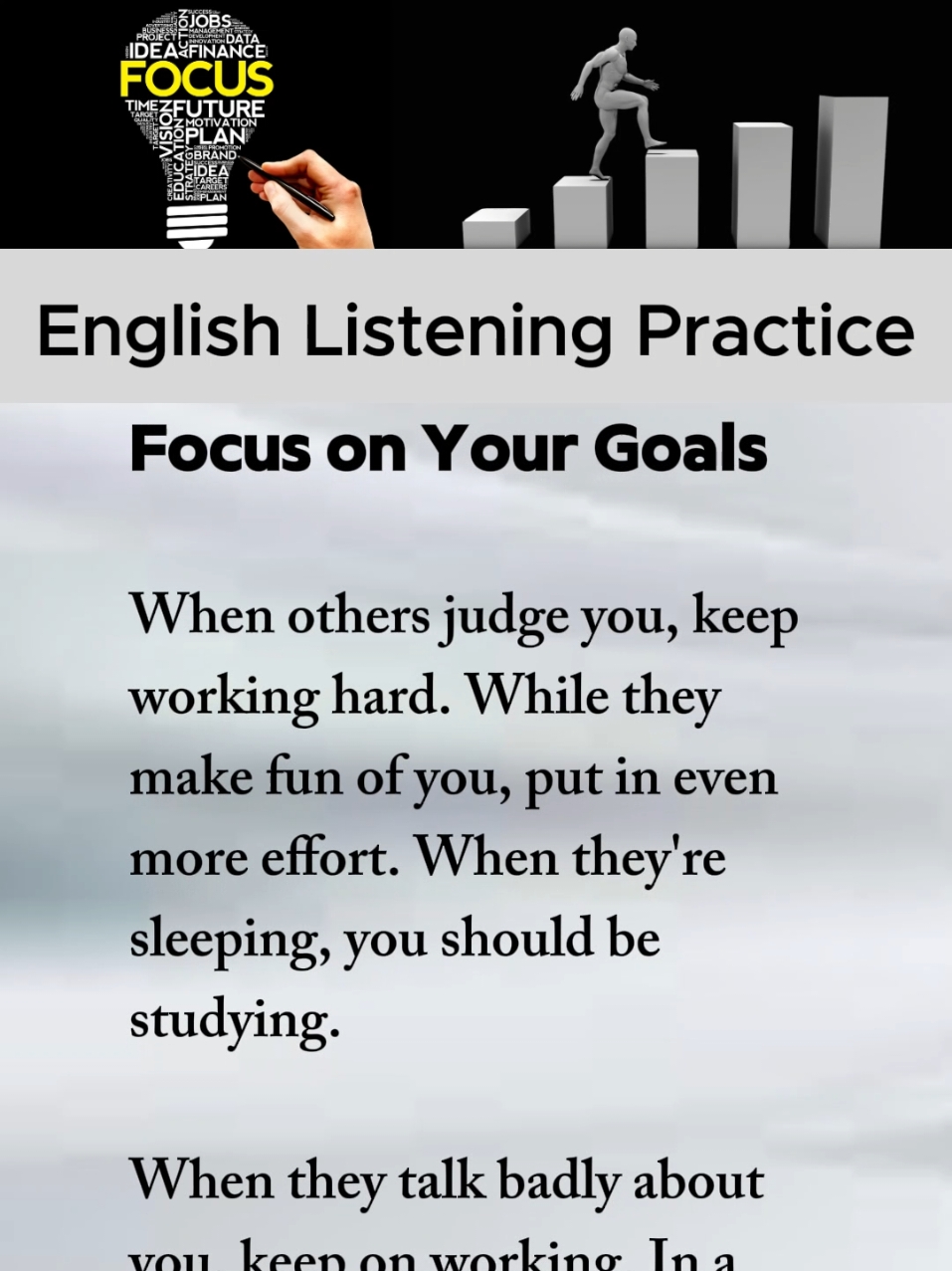 Focus on your Goals Daily English listening 🎧 and speaking 🗣️ practice by English narration and short story #english #englishlistening #englishspeaking #listening #speaking #englishlearning #englishpractice #englishlessons #dailyenglish #focused #focusonyourgoals #motivation #workhardeveryday #stayfocussed