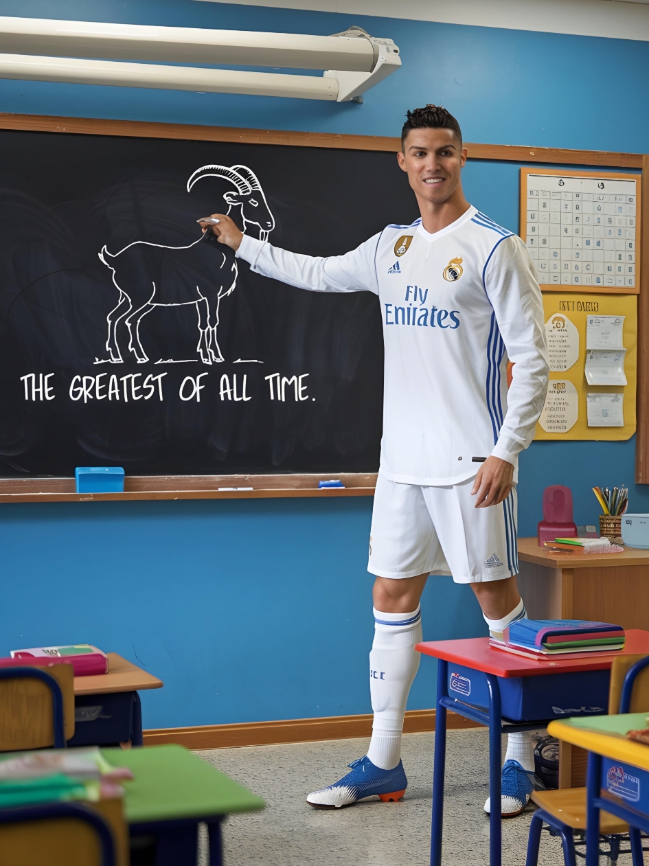 Cristiano visiting a school and draw a Goat 🐐  #messiAi #RonaldoAi #ronaldomessiAI #twofii9 #الذكاء_الاصطناعي #رونالدو #كرة_القدم #ميسي #cr7 #goat 