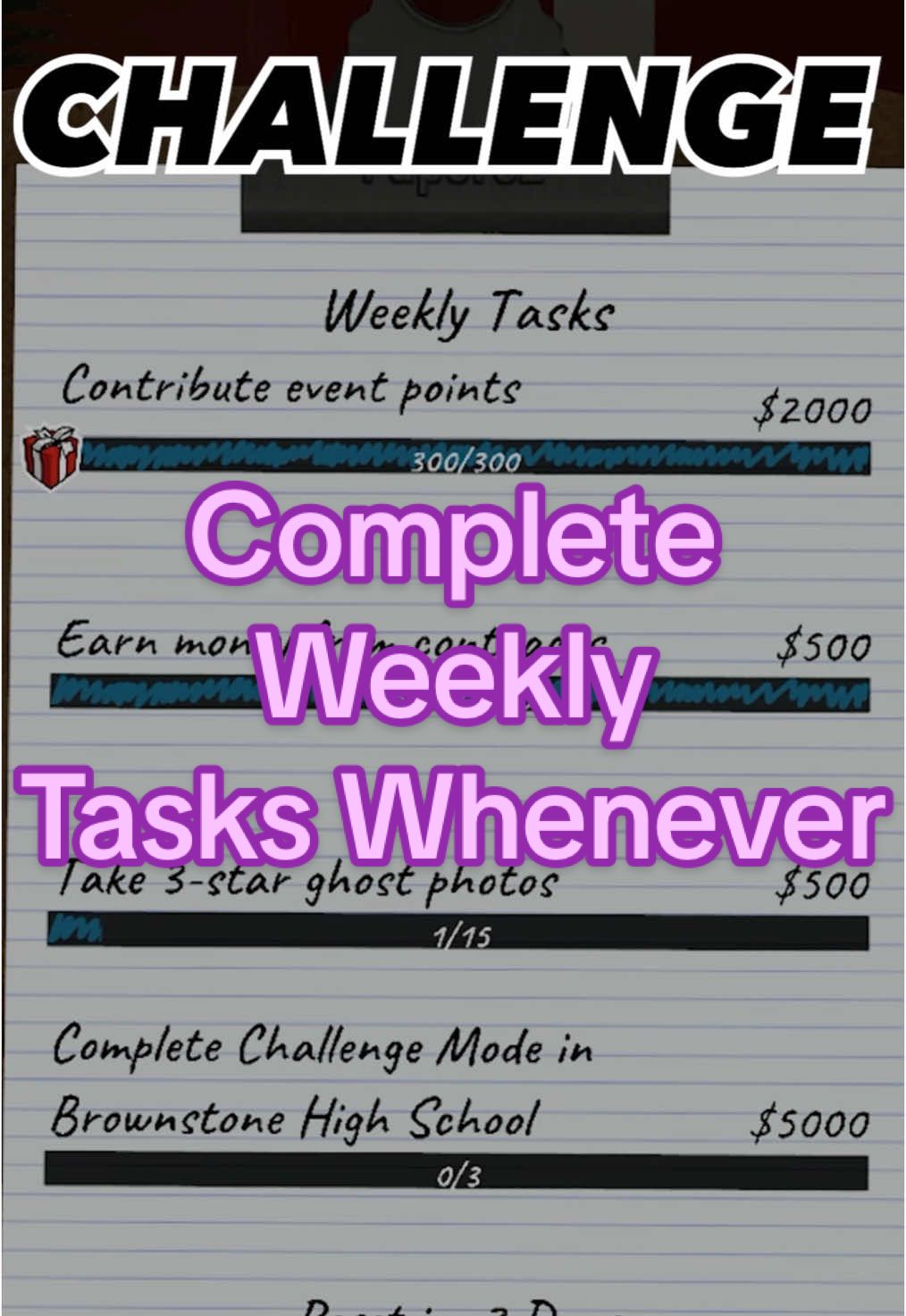 Complete weekly challenges whenever you want in phasmophobia glitch #imanaliencat#fyp#viral#phas#phasmo#phasmophobia#horror#scary#ghost#funny#loud #weekly #challenge #glitch #time #date #vr #task 