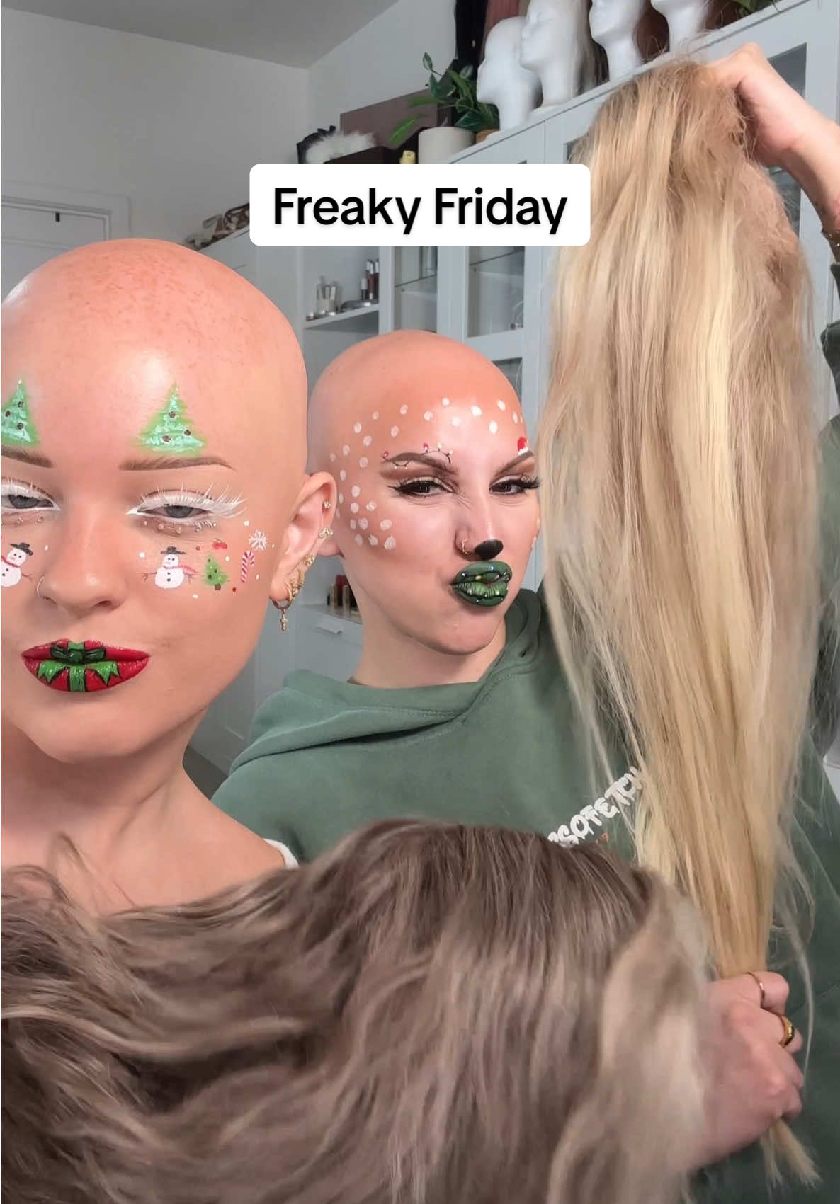 FREAKY FREAKY FREAKY FRIDAYYYYYY, this is our second to last holiday themed freaky friday!!! So next week will be SOOOOOOO GOOD🤪 our does our makeup look?  Emmy’s wig is from @DMUSE Wigs  Alex’s wig is from @With Love Beauty Collective 