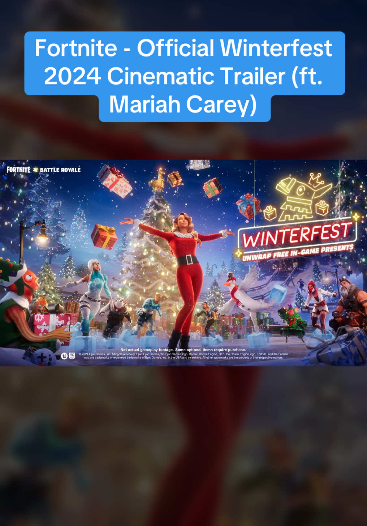 Mariah Carey arrives in Fortnite to kick off the Winterfest 2024 celebration. Check out the latest Fortnite cinematic trailer for the Winterfest 2024 event, featuring free gifts to unwrap daily, Winterfest quests, a snowy map update, Sgt Winter, gameplay items including Blizzard Grenades, Holiday Presents, a Santa Dogg outfit, and more. Fortnite's Winterfest 2024 event runs from now until January 7, 2025 #fornite #mariahcarey #gaming #gamer #videogames #foryou #foryoupage #xbox #playstation #steam #epicgames #switch #ios #android 