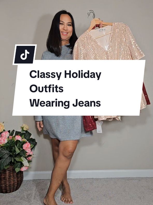 Classy Holiday Outfit Ideas with Jeans  #fashiontiktok #sequins #jeans #denimjeans #holidayoutfits #casualoutfits #christmasoutfit #amazonfashion #amazonclothes 