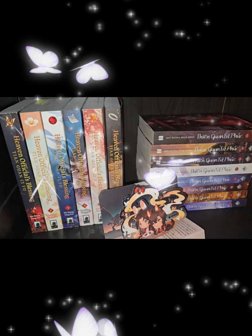 I'm in love with my little shrine. It wasn't intentionally but it's growing... I need to get novel 6&7 to complete the collection. The deluxe version is so beautiful as well #tgcfnovel  #tgcf #heavenofficialsblessing #mxtx #blbook #manhua #huacheng #xielian #hualian #hualianedit #thienquantuphuc #tạliênhoathành #taliên #hoathanh 