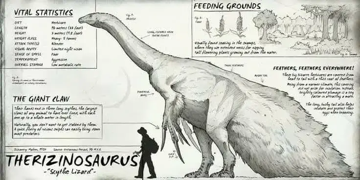 El Therizinosaurus fue un dinosaurio terópodo del período Cretácico tardío, conocido por sus enormes garras en las extremidades delanteras, que podían alcanzar hasta 1 metro de longitud. Su nombre significa "lagarto guadaña", debido a la forma de sus garras. Características principales: Tamaño: Aproximadamente 10-12 metros de largo y hasta 5 metros de alto. Peso: Entre 3 y 6 toneladas. Garras: Largas, curvas y afiladas, probablemente usadas para defensa, alimentación o exhibición. Dieta: Herbívoro, aunque se discute si pudo haber sido omnívoro. Postura: Bípeda, con un cuello largo que le permitía alcanzar vegetación alta. Hábitat: Regiones boscosas de Asia central, específicamente Mongolia. Comportamiento: Aunque era un terópodo (grupo principalmente carnívoro), el Therizinosaurus estaba adaptado para una dieta herbívora, usando sus garras para arrancar hojas o defenderse de depredadores. Es posible que viviera en grupos pequeños para protegerse. Más información sobre el Therizinosaurus: Descubrimiento e Historia El Therizinosaurus cheloniformis fue descubierto en la Formación Nemegt, Mongolia, en 1948. Inicialmente, se pensó que sus huesos pertenecían a una tortuga gigante debido a la forma inusual de sus garras. No fue hasta décadas después que se confirmó que era un dinosaurio terópodo único en su clase. Características Físicas Detalladas Cabeza y mandíbula: Tenía un cráneo pequeño con un pico córneo similar al de un ave, ideal para cortar vegetación. Cuello: Largo y flexible, le permitía alcanzar comida en áreas elevadas. Garras: Estas garras gigantes podían medir hasta 1 metro. Estaban hechas de queratina, lo que las hacía livianas pero extremadamente resistentes. Cuerpo: Robustez moderada con una pelvis amplia que soportaba un cuerpo más voluminoso, típico de un herbívoro. Piernas: Extremidades posteriores fuertes, adaptadas para caminar largas distancias, aunque no tan rápidas como otros terópodos. Cola: Larga y musculosa, probablemente utilizada para balancearse mientras caminaba o alcanzaba plantas. Clasificación y Relación Evolutiva El Therizinosaurus pertenece al grupo de los terizinosaurios, terópodos con características mixtas que los hacen parecer una combinación entre carnívoros y herbívoros. Estos animales están relacionados con los maniraptoranos, el grupo que también incluye a las aves modernas. Dieta y Hábitos Alimenticios Aunque era un terópodo, su dieta era principalmente herbívora: Alimentos: Ramas altas, hojas, frutos, y posiblemente semillas. Técnica de alimentación: Usaba sus garras para acercar las ramas o arrancar vegetación densa. Algunos expertos creen que también podría haber excavado en busca de raíces o tubérculos. Defensa y Comportamiento Social Defensa: Sus garras eran su principal defensa contra depredadores como el Tarbosaurus. Comportamiento social: Es posible que viviera en grupos pequeños para protegerse, pero no hay evidencia concluyente al respecto. Hábitat y Distribución Vivió en lo que hoy es Asia central, en un entorno rico en ríos y bosques durante el Cretácico tardío (hace unos 70 millones de años). Su entorno incluía muchos otros dinosaurios herbívoros y carnívoros grandes. Importancia Paleontológica El Therizinosaurus es un ejemplo clave de cómo los terópodos evolucionaron en formas inesperadas, rompiendo el esquema clásico de “carnívoros veloces” y mostrando adaptaciones herbívoras. #prehistoric #prehistoria #jurassicpark #jurassicworld #dinosaurs #dinosaur #dinosaurios #periodocretasico