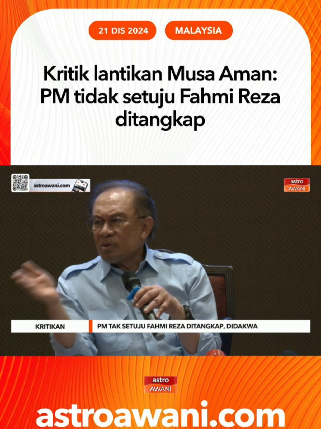 Perdana Menteri, Datuk Seri Anwar Ibrahim tidak bersetuju jika aktivis dan pereka grafik, Fahmi Reza ditangkap atau didakwa susulan mengeluarkan poster yang dipercayai memperlekehkan pelantikan Tun Musa Aman sebagai Yang di-Pertua Negeri Sabah. #AWANInews