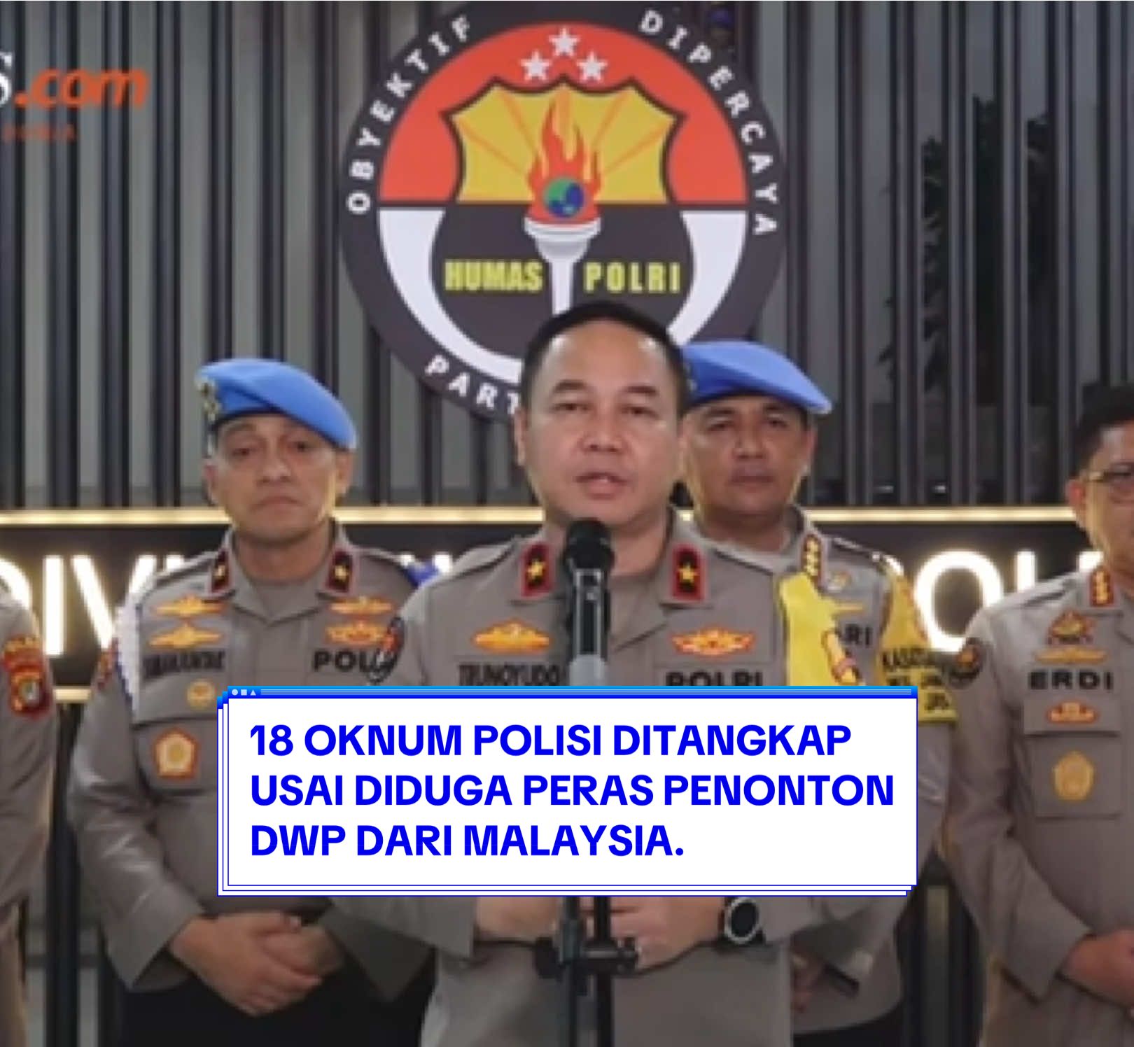 Polisi mengamankan 18 personelnya yang diduga terlibat pemerasan warga negara (WN) Malaysia saat menonton gelaran Djakarta Warehouse Project (DWP) 2024 di JIExpo, Kemayoran.  Trunoyudo mengatakan, pengamanan 18 personel itu merupakan langkah tindak lanjut atas keluhan warga Malaysia yang mendapatkan perlakuan tidak mengenakkan saat gelaran DWP. Belasan polisi itu akan diperiksa. Polri menyatakan tidak akan memberi tempat bagi oknumnya yang mencoreng nama baik institusi. Polri berjanji mengusut kasus ini secara profesional, transparan, dan tuntas. Sementara itu, pihak DWP pun telah buka suara terkait hal ini. Pihaknya sangat menyesali kejadian buruk tersebut menimpa para pengunjungnya. Pihak promotor berkomitmen mengutamakan keselamatan, kesejahteraan, dan pengalaman penonton DWP 2024. Bersama yang berwenang, pihaknya akan mengusut kasus tersebut agar tidak terulang dikemudian hari. #DWP #DWP2024 #event #konser #viral #fyp #konserkultura 