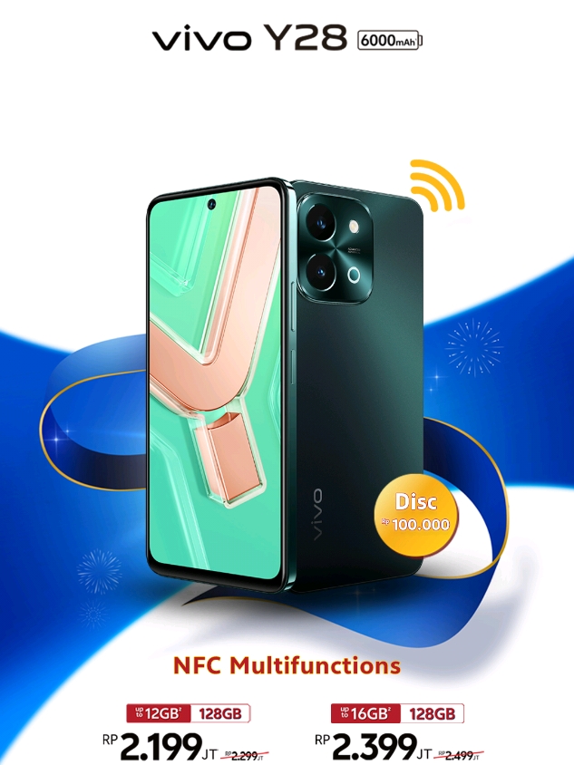 Waktunya upgrade ke vivo #Y28 dengan teknologi NFC Multifunctions! Top-up kartu elektronik jadi lebih mudah, aman, dan cepat hanya dengan sekali tap! 🔐📱 Dapatkan promo akhir tahun & flash sale hingga 100rb setiap pembelian #vivoY28 yang punya spesifikasi MantapY: 📱2.5D Metallic Frame + Ultra O Screen 90Hz ⚡6000mAh Tahan 2 Hari + 44W FlashCharge 🎮 RAM up to 16GB + ROM Super Besar ✨ Notifikasi Lampu Star Halo 📷 50MP Dual Rear Camera ⚙ Mediatek G85 + NFC Multifungsi 🔈Dual Stereo Speakers + 300% Audio Booster 💥 Sertifikasi IP64 + Wet Touch 🛡 4 Tahun Kesehatan Baterai & Garansi OS 💎Dapatkan VIP Prime pergantian 2x Antigores dan Softcase per tahun secara GRATIS! Tunggu apalagi? Segera kunjungi store vivo resmi kesayangan kamu, dapatkan ekstra benefitnya dan jangan sampai kelewatan untuk punya #vivoY28 ! #vivoY28 #MantapY  #tanjungpinang 