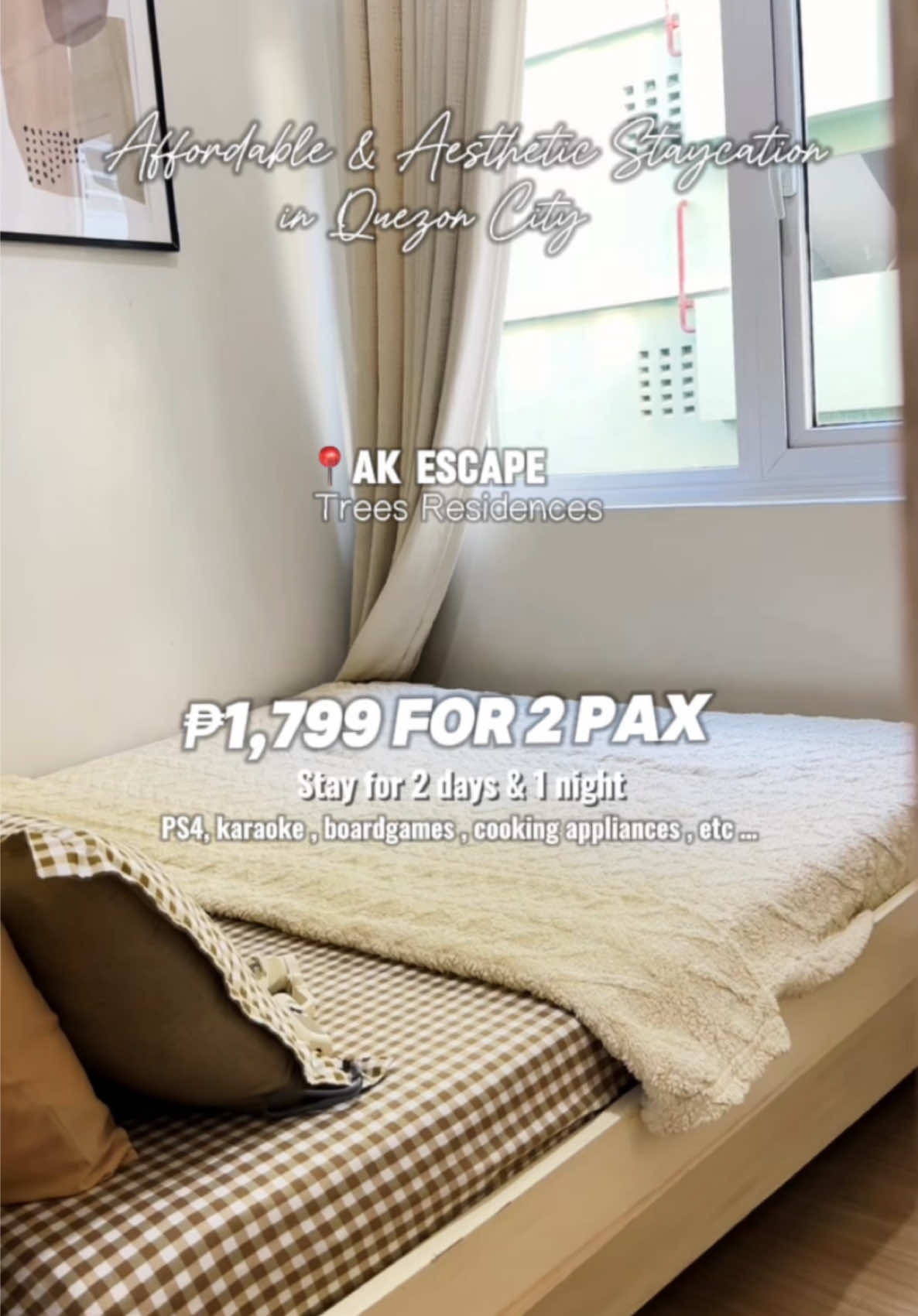 Affordable and Aesthetic Staycation in QC for as low as 1,799 for 2 PAX na ! 2 nights and 1day .  AK ESCAPE STAYCATION UNIT 1  —🧍🏻‍♀️ additional 250/pax only @AK Escape at Trees Residences  #staycation #affordable #affordablestaycation #staycationphilippines #staycationph #barkadastaycation #familystaycation #vacay #vacationmode #vacation #relaxing #nature #foryou #foryourpage #longervideos #bestoftiktok #byaherangkusinera #fairview #quezoncity #akescape #treesresidences 