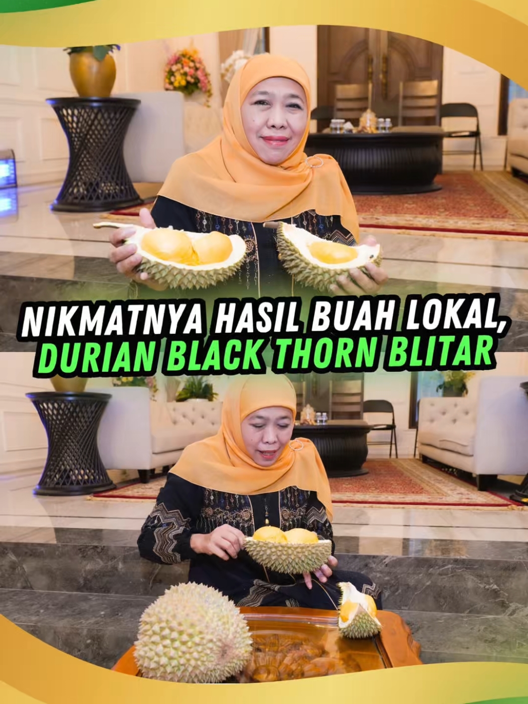 Desa Ngaglik, Srengat, Blitar sedang panen durian, dan ini salah satu bintangnya, durian blackthorn. Rasanya legit, teksturnya lembut, dan aromanya khas banget. Menurut saya, hanya kulitnya saja yang tidak enak untuk disantap. Kata orang, makan durian itu bikin bahagia. Betul ? Happy weekend. Selamat berkumpul bersama keluarga. #khofifahindarparawansa  #catatankhofifah