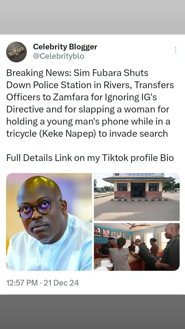 Breaking News: Sim Fubara Shuts Down Police Station in Rivers, Transfers Officers to Zamfara for Ignoring IG's Directive and for slapping a woman for holding a young man's phone while in a tricycle (Keke Napep) to invade search 