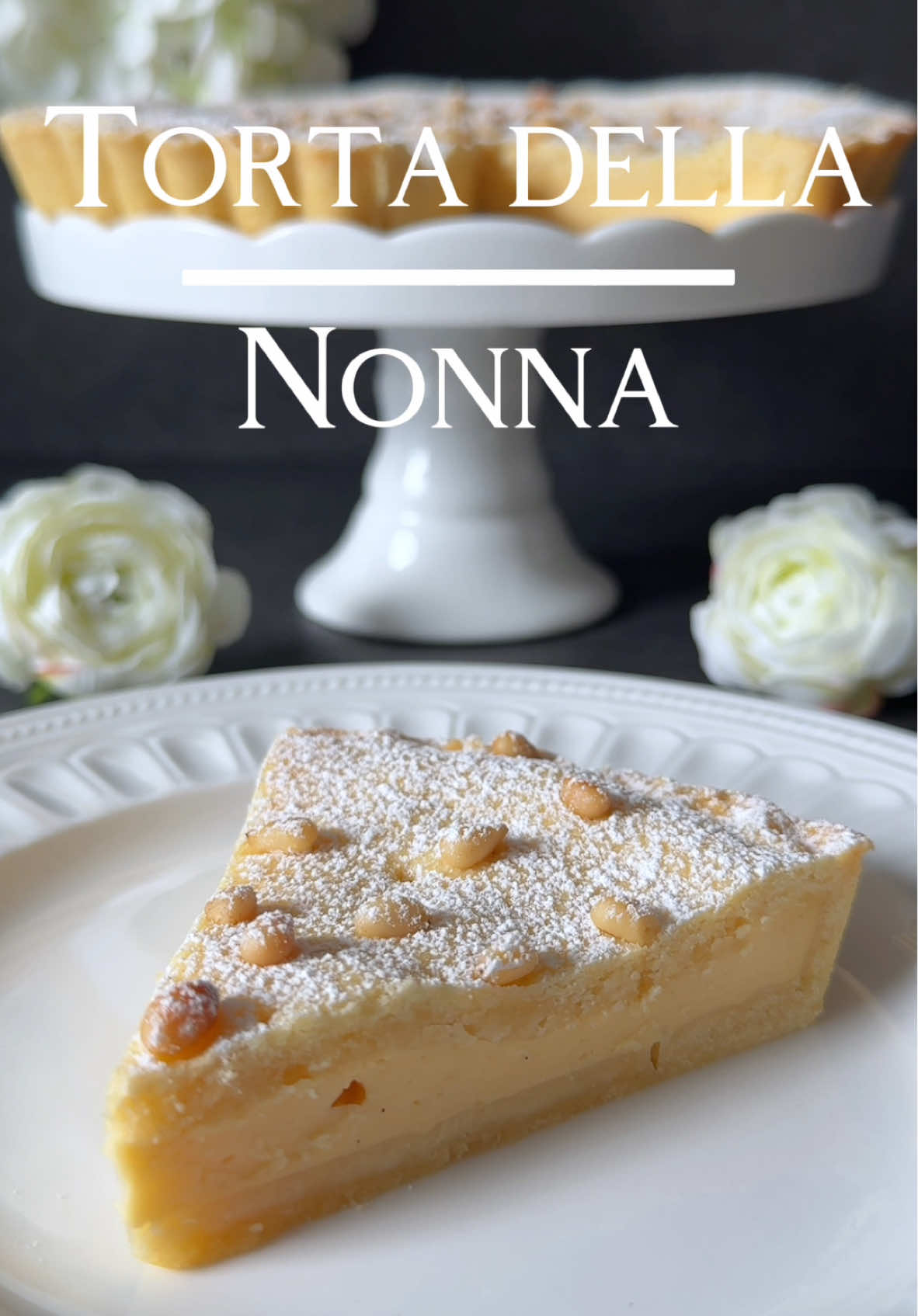 Tap here for the Recipe 🥰🤍 Torta della Nonna This Italian classic combines a delicate shortcrust pastry with a creamy  filling and crunchy pine nuts. A little taste of Dolce Vita for your table!🥰 📝 Ingredients For the shortcrust pastry: •	200 g all-purpose flour (1 2/3 cups) •	100 g cold butter, diced (7 tbsp) •	50 g sugar (1/4 cup) •	1 egg yolk (medium) •	1 pinch of salt •	1 tsp grated lemon zest (unwaxed) For the cream filling: •	250 ml milk (1 cup) •	3 egg yolks (medium) •	50 g sugar (1/4 cup) •	20 g cornstarch (2 tbsp) •	1 tsp vanilla extract •	1 tsp grated lemon zest (unwaxed) For topping: •	2 tbsp pine nuts •	Powdered sugar 🤍 Instructions 1.	Mix the flour and cold butter in a bowl until crumbly. Add the sugar, egg yolk, salt, and lemon zest, and knead everything quickly into a smooth dough. Wrap in plastic wrap and chill for at least 30 minutes. 2.	Heat the milk in a saucepan but do not let it boil. In a separate bowl, whisk together the egg yolks, sugar , and cornstarch until smooth. Stir in the vanilla extract and lemon zest. Slowly add the warm milk to the egg mixture, stirring constantly. Return the mixture to the saucepan and cook over medium heat, stirring, until thickened. Remove from heat and let cool completely, stirring occasionally. 3.	Grease and flour a tart pan (Ø 19 cm) with a removable base. Preheat the oven to 180 °C (350 °F) top and bottom heat or 160 °C (320 °F) fan-assisted. 4.	Divide the dough in half. Roll out one half into a circle and use it to line the tart pan. Press gently and create a rim about 2–3 cm (1 inch) high. Prick the bottom several times with a fork. 5.	Pour the cooled cream filling onto the pastry base and spread it evenly. Roll out the second half of the dough into a circle and place it over the filling. Seal the edges by pressing them together. Use a toothpick  to poke small holes in the top layer of dough. 6.	Sprinkle the surface with pine nuts and bake the tart in the preheated oven for about 35–40 minutes until golden brown. 7.	Allow the tart to cool completely. Before serving, dust with powdered sugar. Enjoy with an espresso or cappuccino – Buon appetito! 🤍