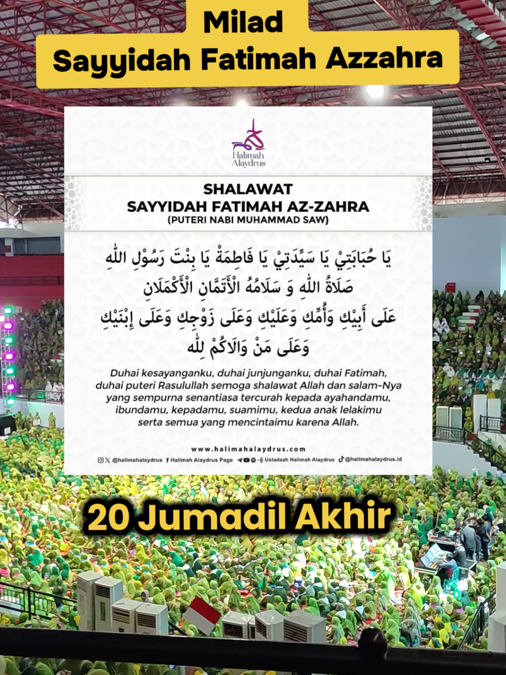 Alhamdulillah 'ala kulli Hal besok tepat tgl 22 Des 2024 kalender hijriyah 20 Jumadil Akhir, lahirnya Putri Nabi Muhammad SAW, wanita mulia pemimpin surga, beliau Sayyidah Fatimah Az-zahra, smoga kita semua berada dalam barisan beliau dan jangan sampai terlepas dari rombongan beliau.  Yuk besok perbanyak baca sholawat untuk beliau.  #sholawatsayyidahfatimah  #yuksholawatan  #sholawatnabi  #alhamdulillahforeverything 