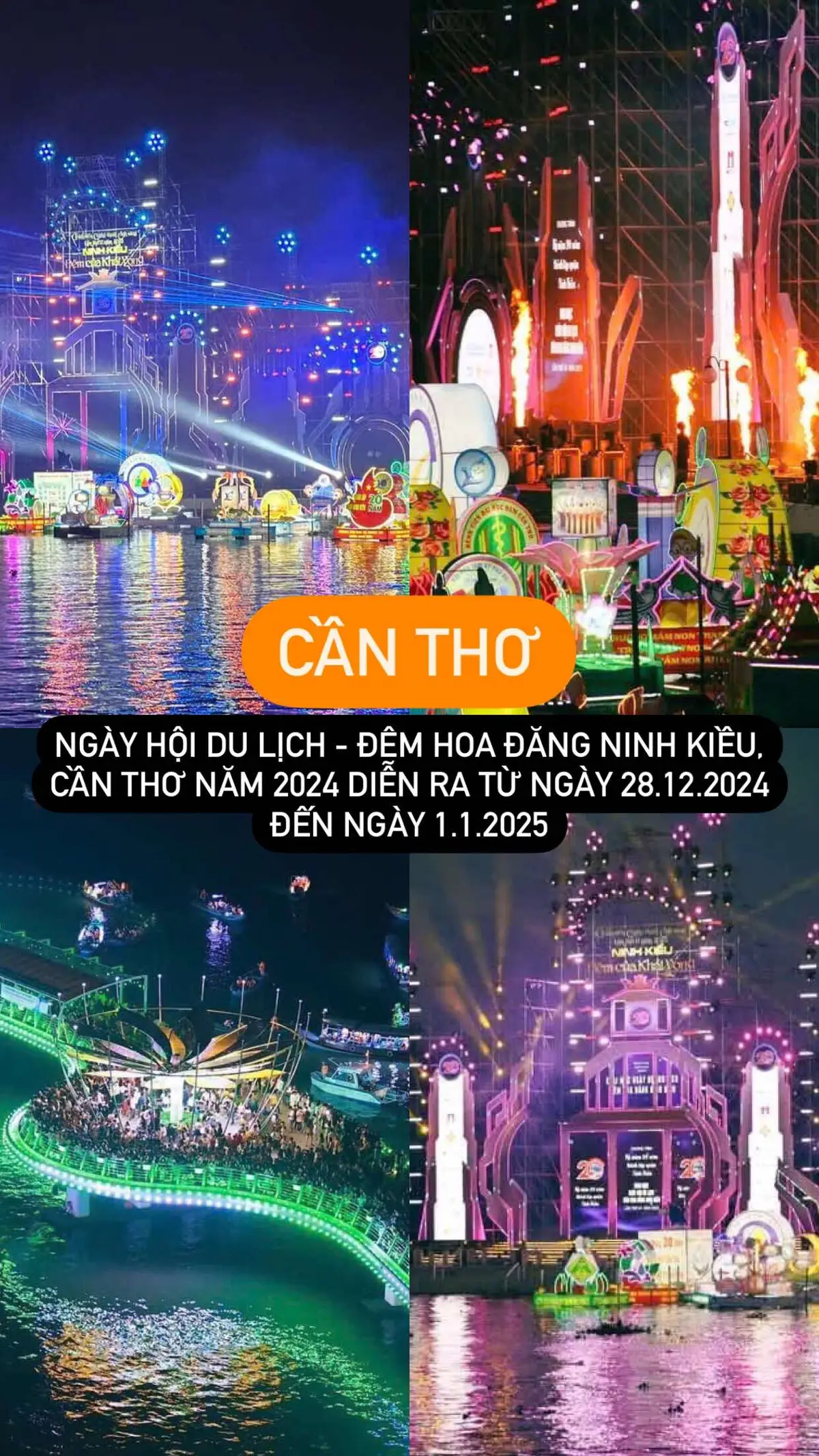 Ngày hội Du lịch - Ðêm hoa đăng Ninh Kiều, Cần Thơ, lần thứ VII năm 2024 (Ngày hội) sẽ diễn ra trong 5 ngày, từ ngày 28-12-2024 đến ngày 1-1-2025 tại sân khấu rạch Cái Khế, phường Cái Khế, quận Ninh Kiều. Ngày hội do UBND quận Ninh Kiều phối hợp Sở Văn hóa, Thể thao và Du lịch TP Cần Thơ tổ chức, nhằm tạo điểm nhấn du lịch của quận Ninh Kiều nói riêng và toàn thành phố nói chung, đặc biệt là du lịch MICE và du lịch sông nước. Sự kiện cũng tạo điều kiện để các doanh nghiệp, các điểm đến quảng bá du lịch, liên kết hợp tác xây dựng tour tuyến, sản phẩm du lịch giữa các địa phương. Theo đó, Ngày hội có nhiều hoạt động văn hóa, du lịch và thể thao, với điểm nhấn là lễ khai mạc, diễn ra lúc 19h ngày 30-12, và trình diễn nghệ thuật ánh sáng, nhạc nước trên sông trong ngày 30 và 31-12. Trong khuôn khổ sự kiện còn có nhiều hoạt động hấp dẫn được tổ chức, như hội thi hoa đăng mô hình, các gian hàng xúc tiến quảng bá du lịch và giới thiệu sản phẩm, các gian hàng bánh - ẩm thực dân gian, biểu diễn âm nhạc đường phố, trình diễn âm nhạc dân tộc, nhảy flashmob, đua thuyền buồm… #baocantho #cantho #mientay #vietnam #news #xuhuong #fyp #hoadang #vacation #travel #dulich 