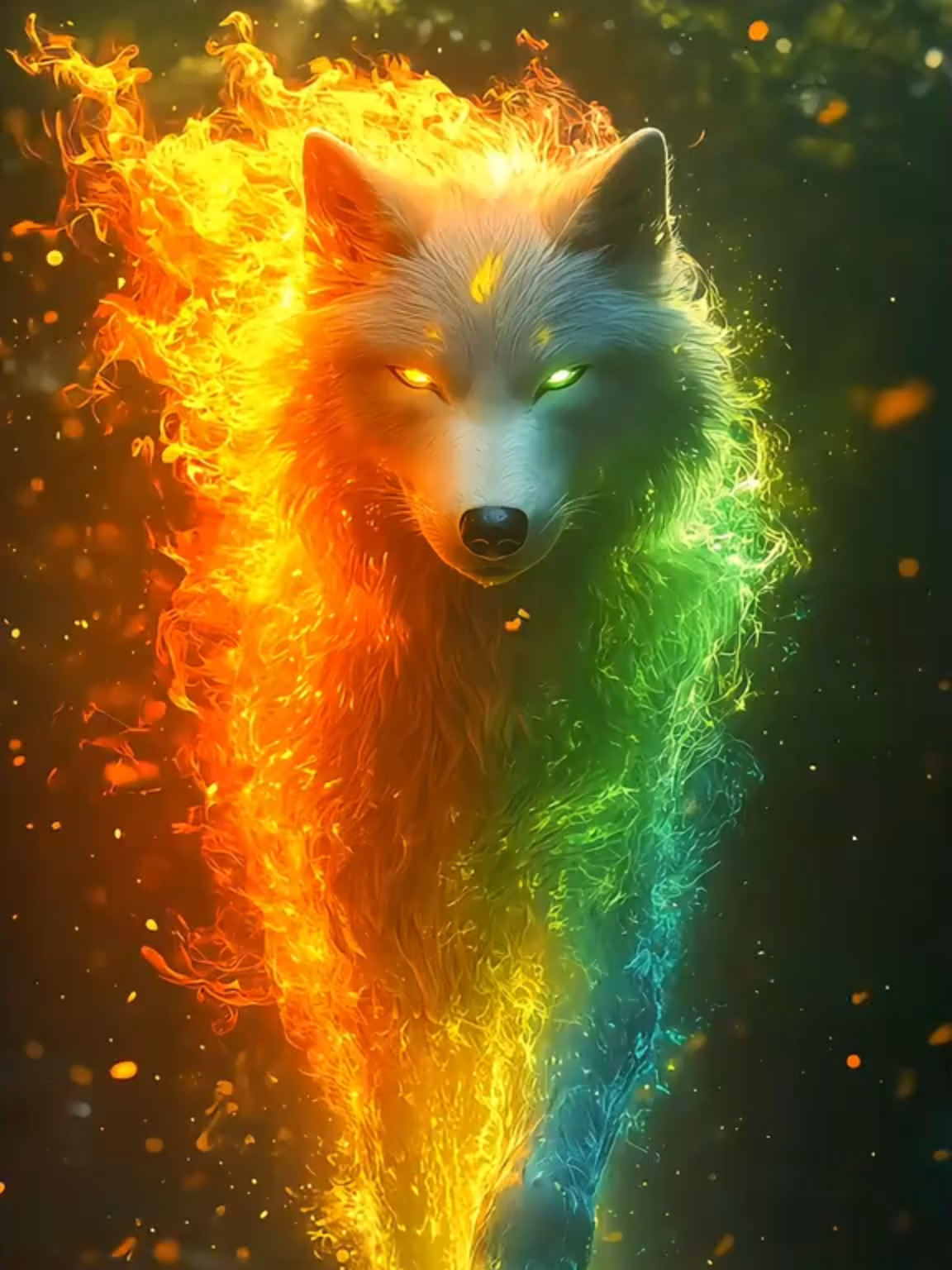 Live Wallpaper 4k : 🔥🐺 Witness the power of this mystical wolf, cloaked in multicolored flames! 🌈🔥 The left side burns with orange and yellow fire, while the right side blazes with green and blue. Its glowing eyes, one yellow and one green, add to its supernatural presence. Watch as this enchanted creature walks forward, embodying both fire and magic! 🌟✨ #wolf #livewallpaper #2025 #livewallpaper4k #Epic #Nature #Powerful #4k