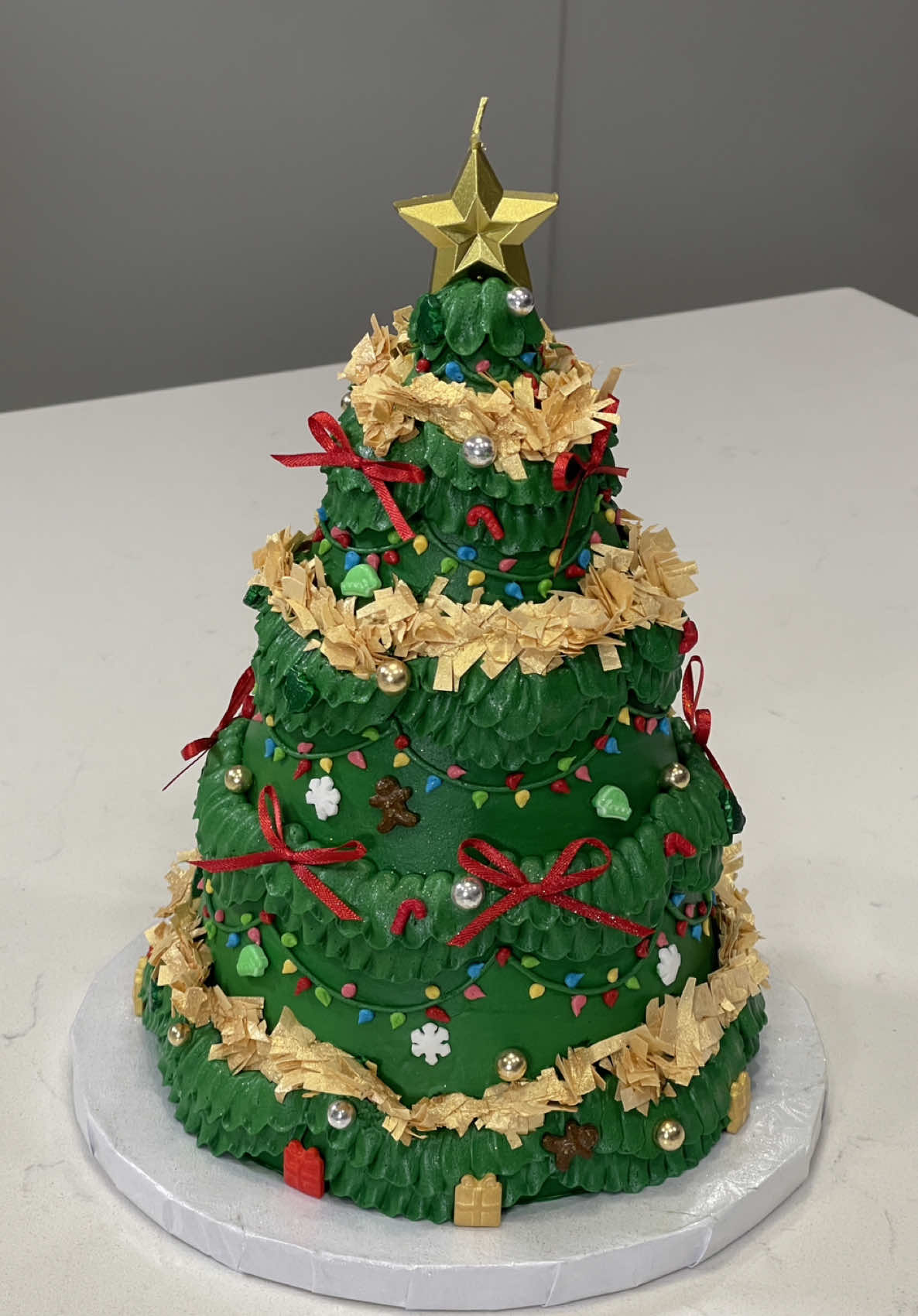 Cake 5 - Christmas Tree Cake🎄❤️✨  Tinsel Garland Inspo - @🎀 Sweet Gee 🎀  (She did it best obviously💗💗) #cakedecorating #cakedecorator #christmascake #christmastreecake #cakeideas #cake #christmas #christmasdessert 