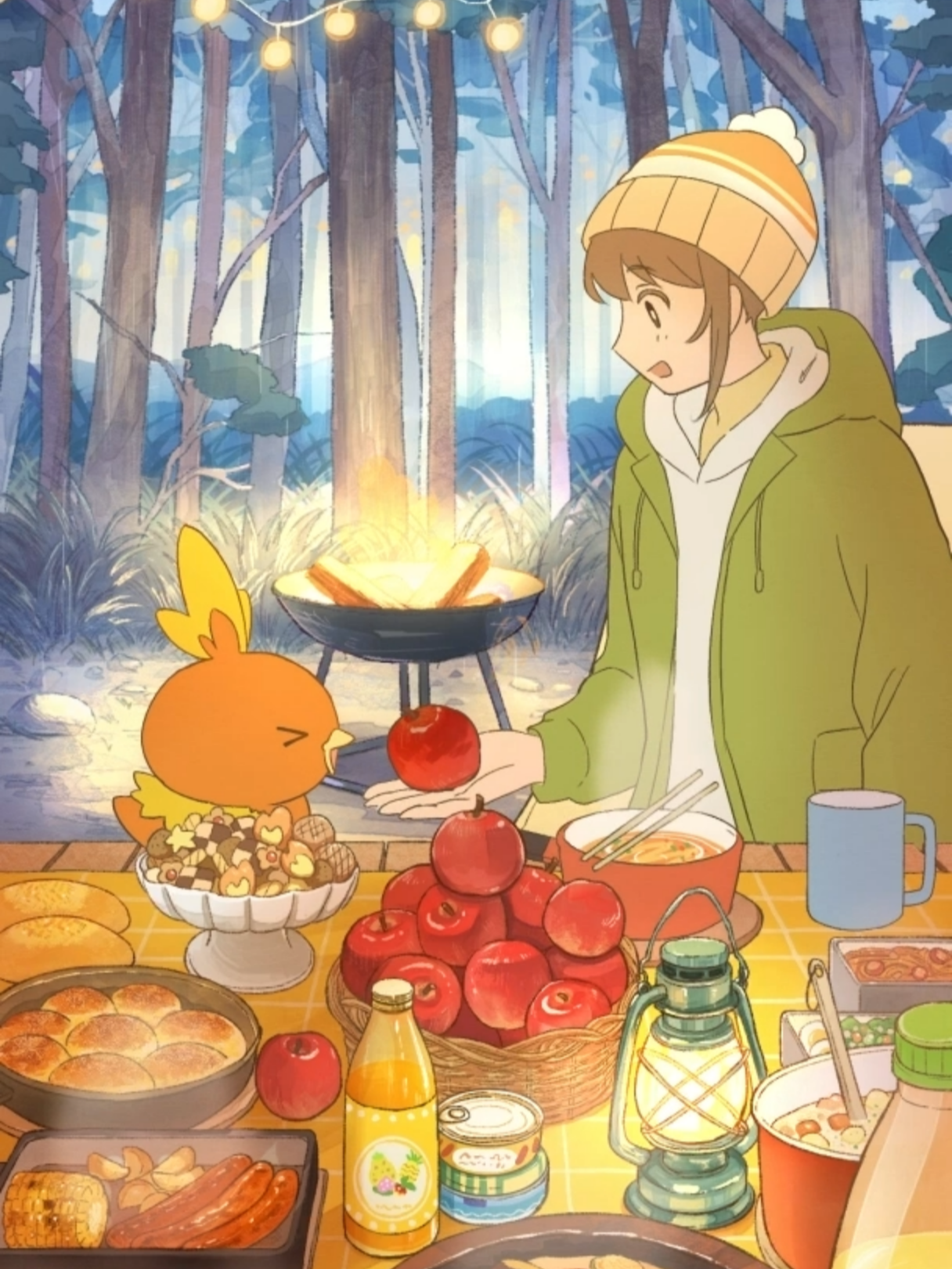 Enjoy a picnic feast by the fire with Torchic! 🔥 😊 #Pokemon #Torchic #Picnic