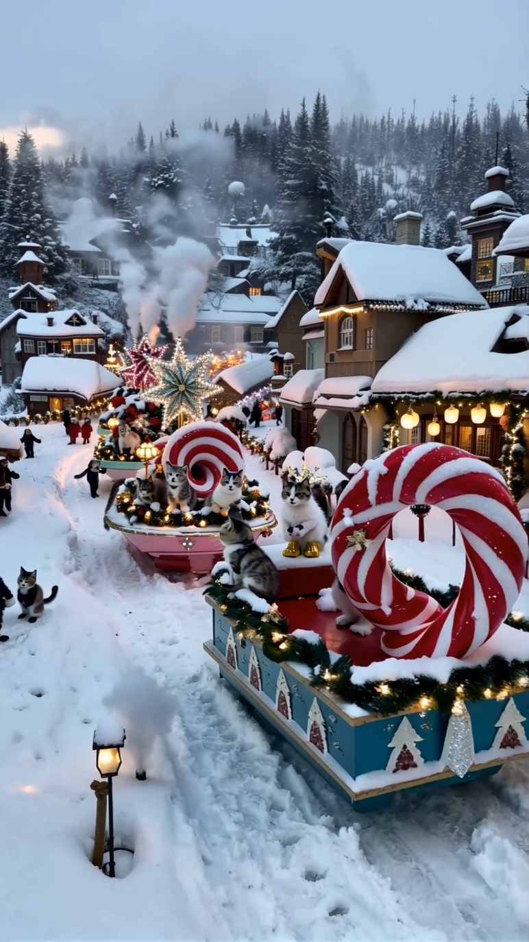 Holiday Glow: Kittens Celebrate in a Snowy Christmas Parade! ❄️🐱🎅 #christmas #christmas2024🎅🎄 #kittens #cat #usa🇺🇸 #unitedkingdom #usa_tiktok #happynewyear #newyear2025🎉 #newyear #christmascats🎄 #christmasideas #christmasvideos 