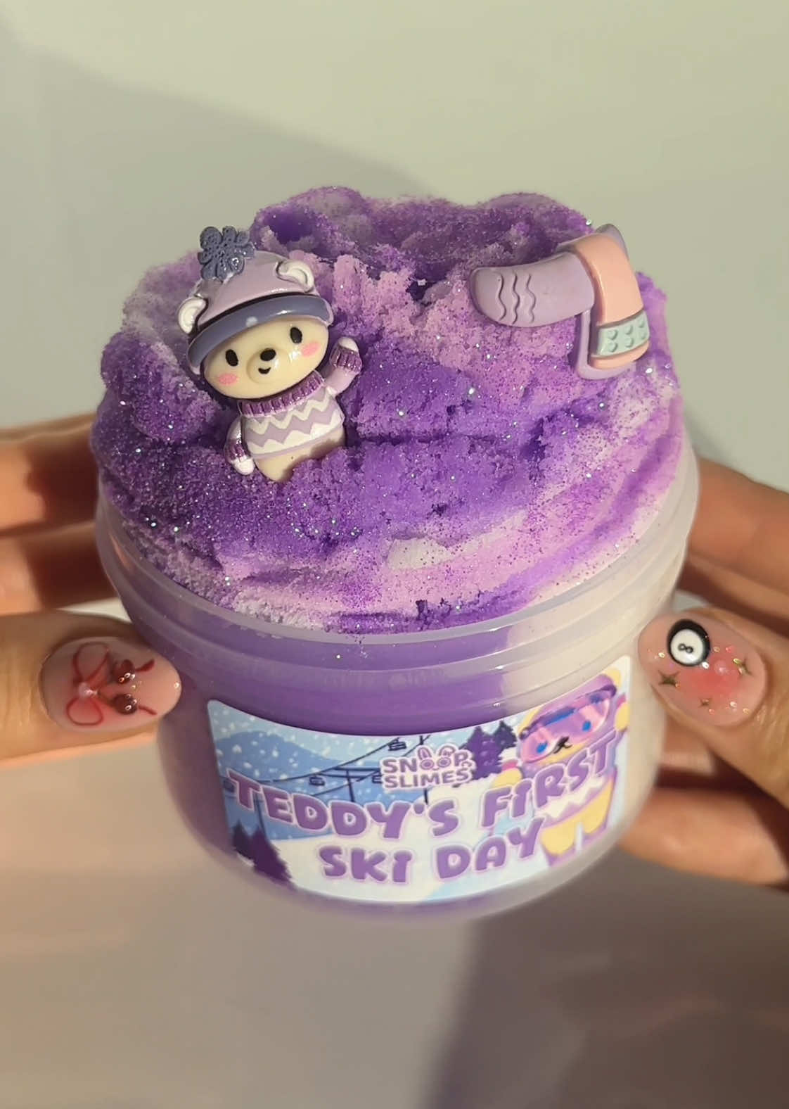 Teddy's First Ski Day 🧸 A cloud slime that's scented like coconut frost! Stretch gently and repeat until you get the perfect fluffy consistency for mesmerizing drizzles #slime #asmr #snoopslimes #skiday 