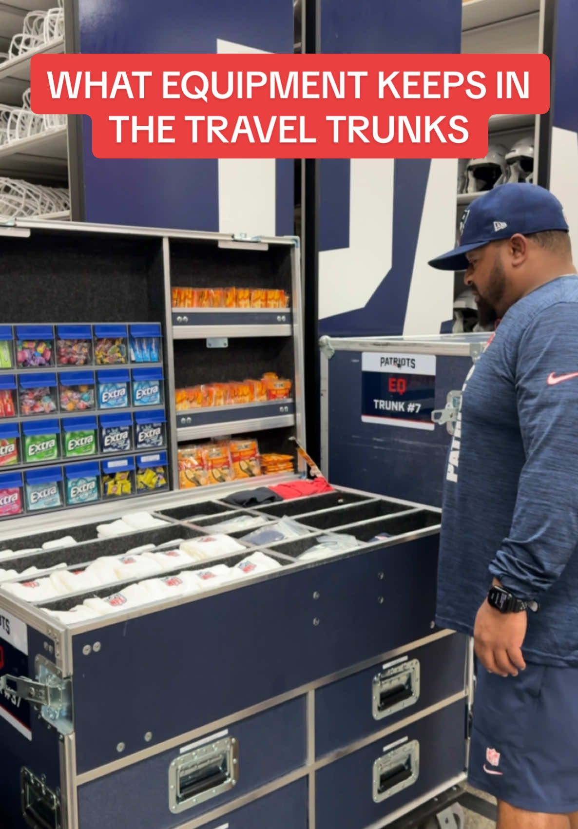 see what equipment keeps in the accesories and apparel trunks‼️ #newengland #patriots #football #nfl #lockerroom #equipment #trunk #packwithme 