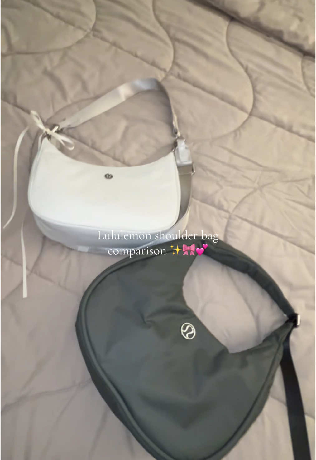 The battle of the lululemon mini shoulder bags!! The bone has been my go-to, I just prefer the strap but the green is a little more spacious! #lululemon #lululemonshoulderbag #shoulderbag #bone #greyeucalyptus #lululemonhaul #latina #latinacreator 