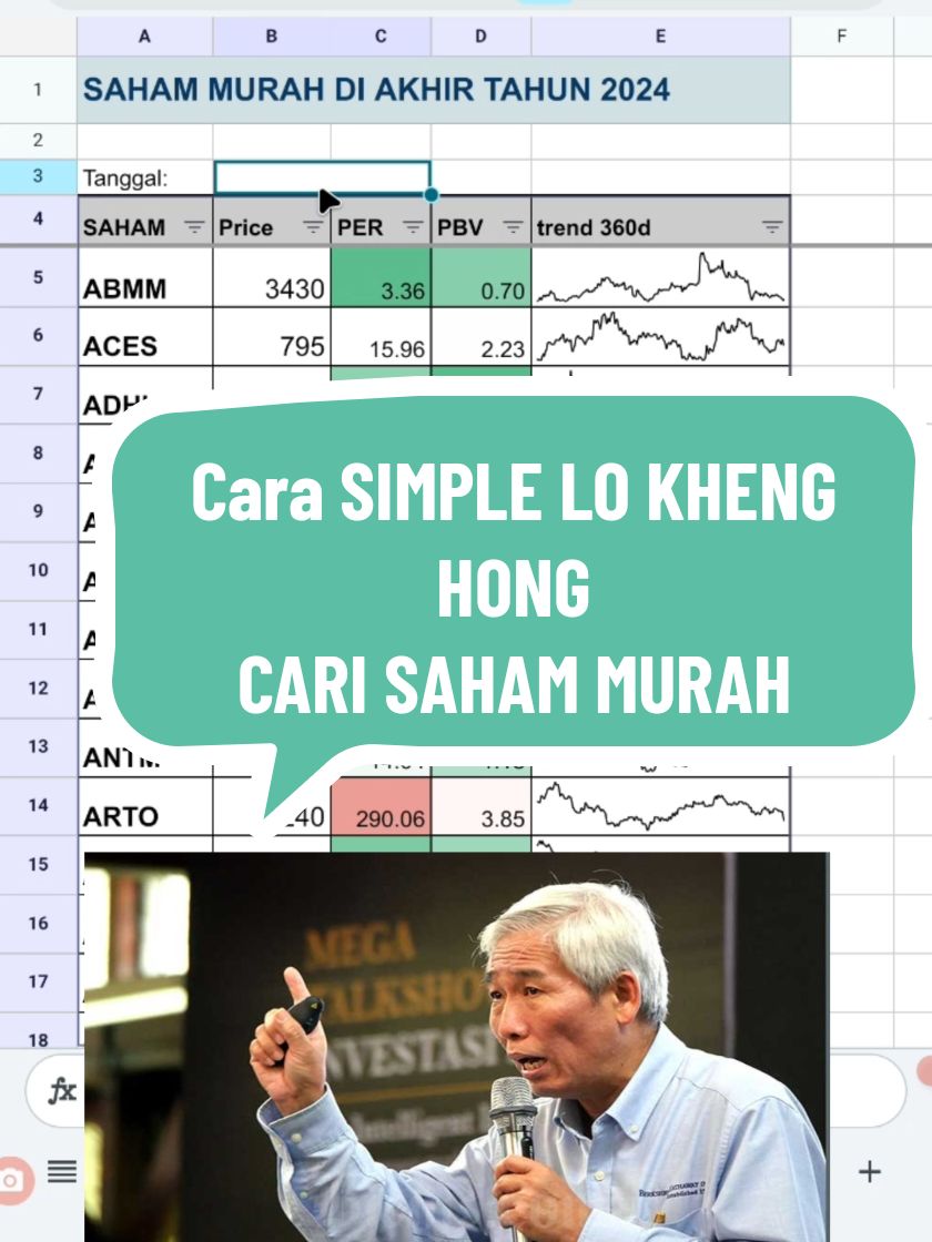 Begini cara simple Lo Kheng Hong cari saham murah , hanya dengan analisa PER Dan PBV. lebih mudah buat pakai tabel pakai formula google finance , harga sudah otomatis auto update mengikuti harga terbaru #saham #investasi #investasisaham 