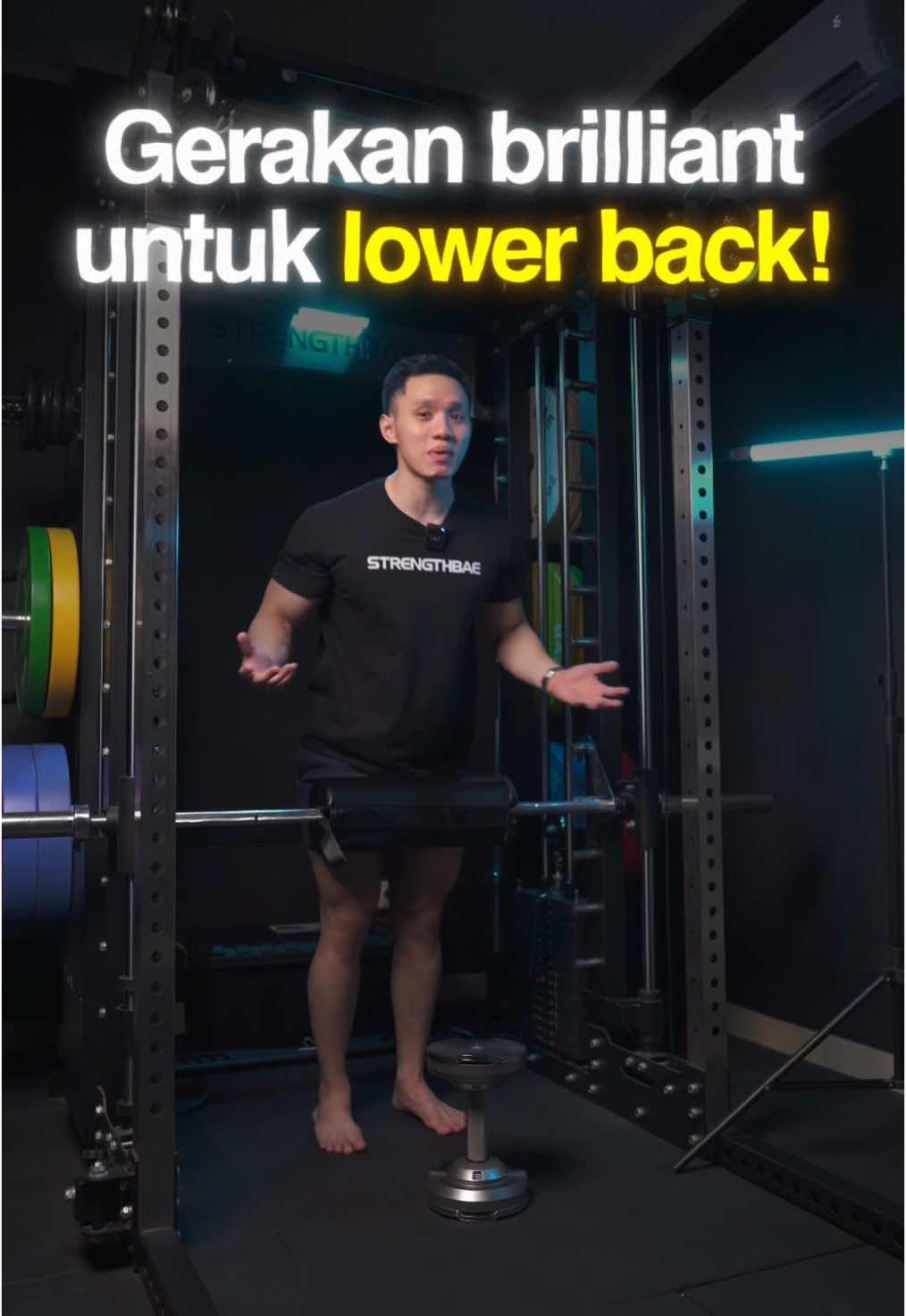 Untuk melakukan lowerback extensions, sebenarnya kita hanya harus mempunyai sanggahan di sekitar pinggul. Ini bisa kita capai dengan menggunakan smith-machine ataupun bar biasa. Setel bar Smith machine sejajar dengan tinggi pinggul. Untuk kenyamanan, tutupi bar dengan padding agar tidak terasa sakit saat digunakan sebagai penopang. Gunakan dumbbell atau plate untuk menahan posisi kaki tetap stabil. Pastikan kaki berada di belakang beban untuk keseimbangan maksimal. Posisi pinggul di atas bar, lalu mulai gerakan dari posisi lumbar yang tertekuk (flexed) ke posisi lumbar yang tereksensi (extended). Fokus pada kontrol gerakan untuk melatih punggung bawah dengan efektif dan aman.