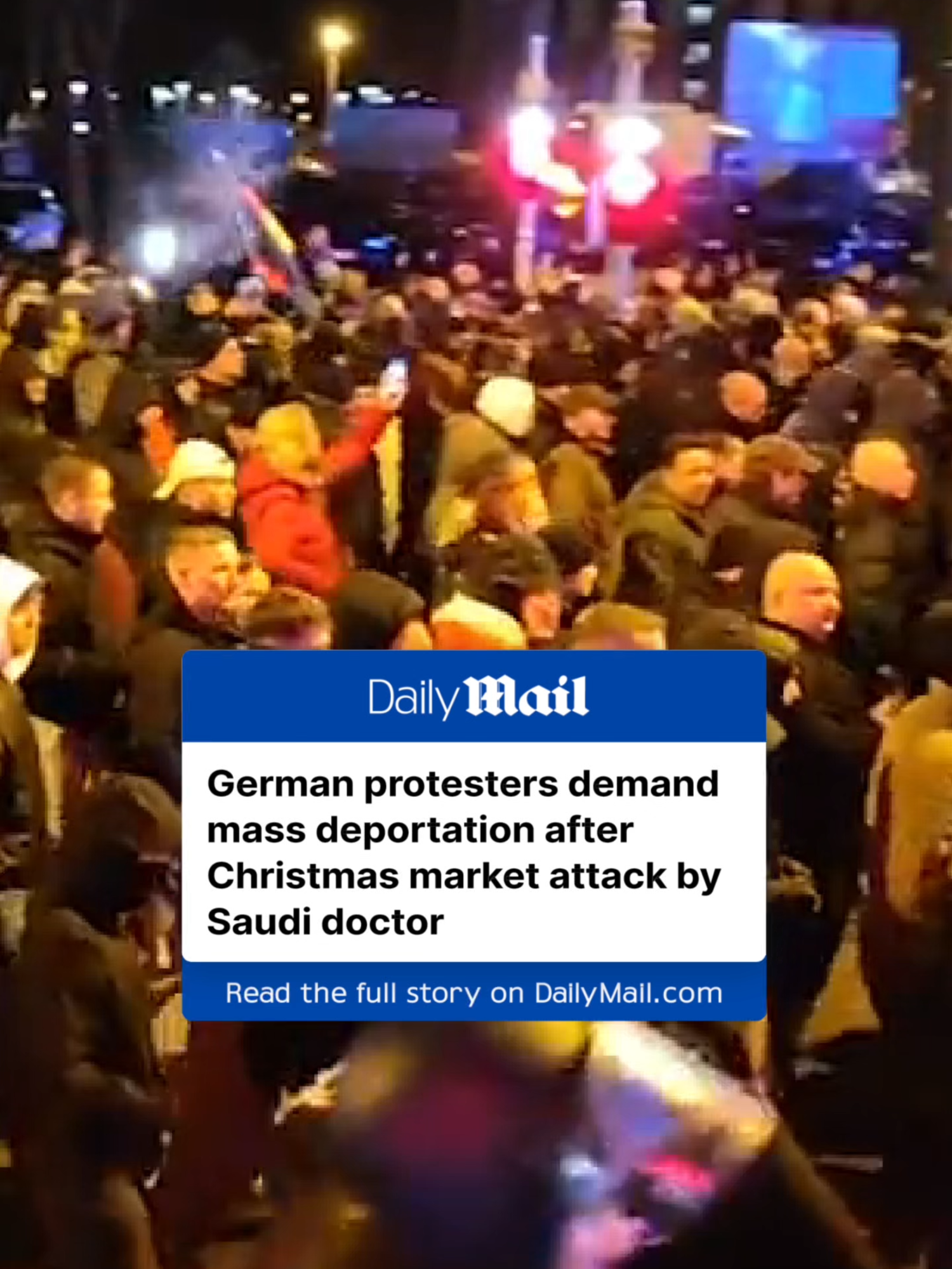 Furious far-right protesters took to the streets of Germany last night to demand mass deportations after a Saudi doctor killed five people during a devastating attack on a Christmas market. Taleb al-Abdulmohsen, 50, rammed his SUV into a packed market in the town of Magdeburg on Friday night, killing four women and a nine-year-old boy as well as injuring over 200 people. Around 700 right-wing demonstrators gathered in a central square in the state capital of Saxony-Anhalt yesterday, with people holding a banner with the word 'Remigration Now' and so-called homeland flags. There were some minor scuffles with the police. Read more at DailyMail.com #german #germany #protest #christmas #market