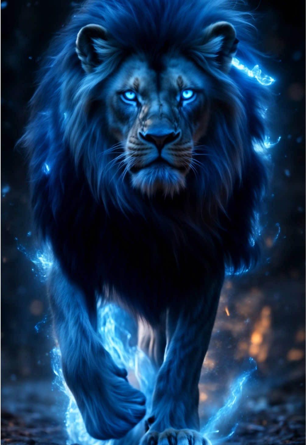 A powerful lion, fierce and engulfed in blue flames, confidently walking toward the viewer, eyes blazing with bright blue fire, mane composed of blue flames, cold glow and blue sparks surrounding him, paws leaving icy fire trails on the ground, dark background with a faint blue aura, realistic style, detailed fur textures, mystical and epic atmosphere. #aiart #aicontent #aigenerated #wallpaper #livewallpaper 