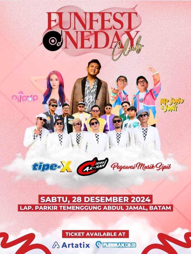 Ayo sama sama kita nikmati persembahan dari @funfestonedayclub  untuk menutup konser akhir tahun yang indah dibatam, ajak pasangan, teman, sahabat, mantan, dan keluarga tercinta. Kapan lagi ada event dibatam full line up paket komplit begini guys. Buruan beli tiketnya sekarang sebelum kehabisan. #dennycaknan  #tipex #mrjonojoni #oliviagosandra #pegawaimusiksipil #konserbatam 