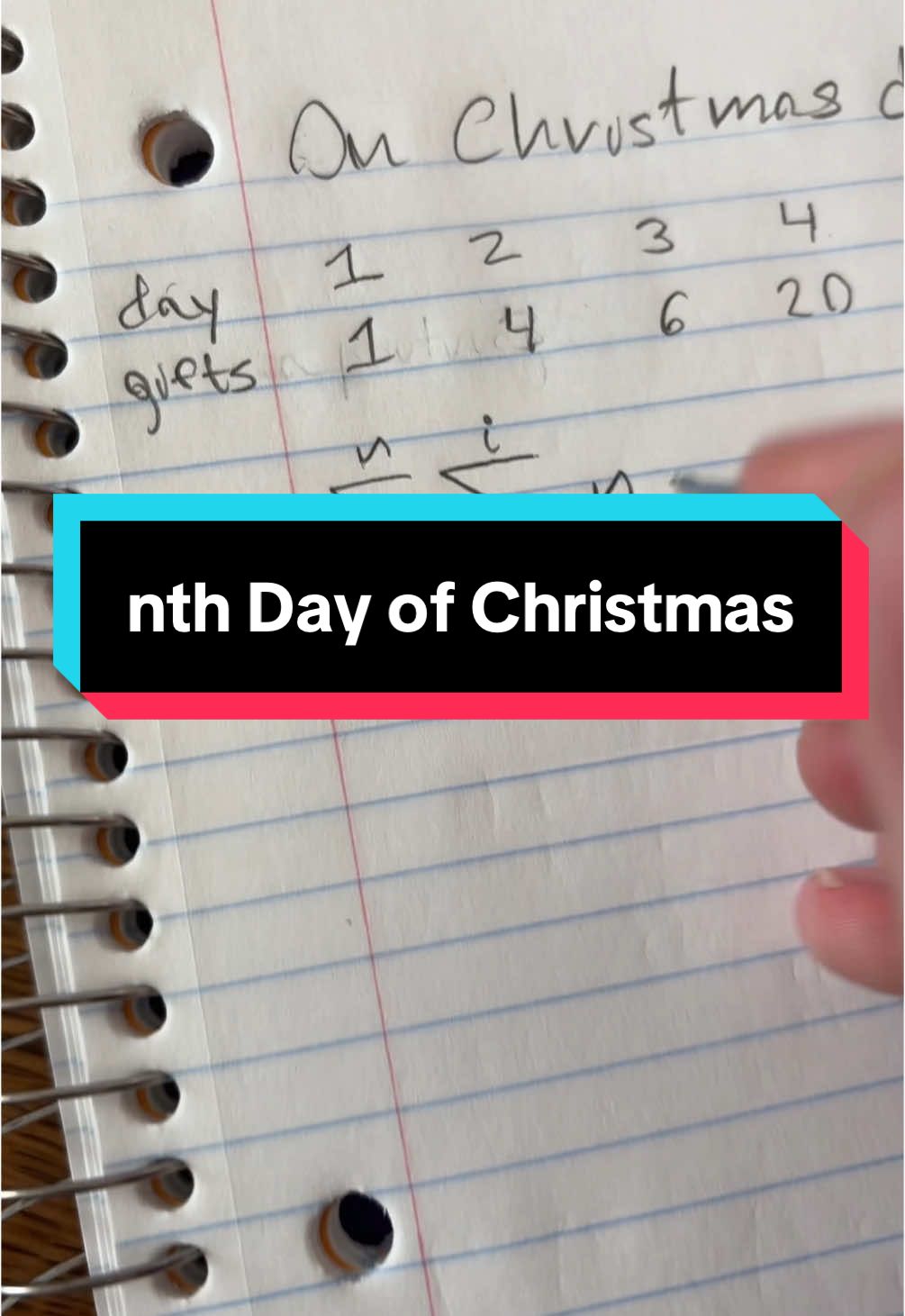 On the nth day of christmas my true love gave to me: n random variables from a gamma distribution (iid) n-1 derivatives n-2 continuous derivatives n-3 singularities … 4 calling birds 3 french hens 2 turtle doves And a partridge in a pear tree. If we did the gifting thing for one 365 day year youd have 8,171,255 gifts from your true love which is 365 partridges in pear trees, 738 turtle doves, 1089 french hens, 1448 calling birds … 4236 drummers drumming and many many more.  #12daysofchristmas #christmas #math 