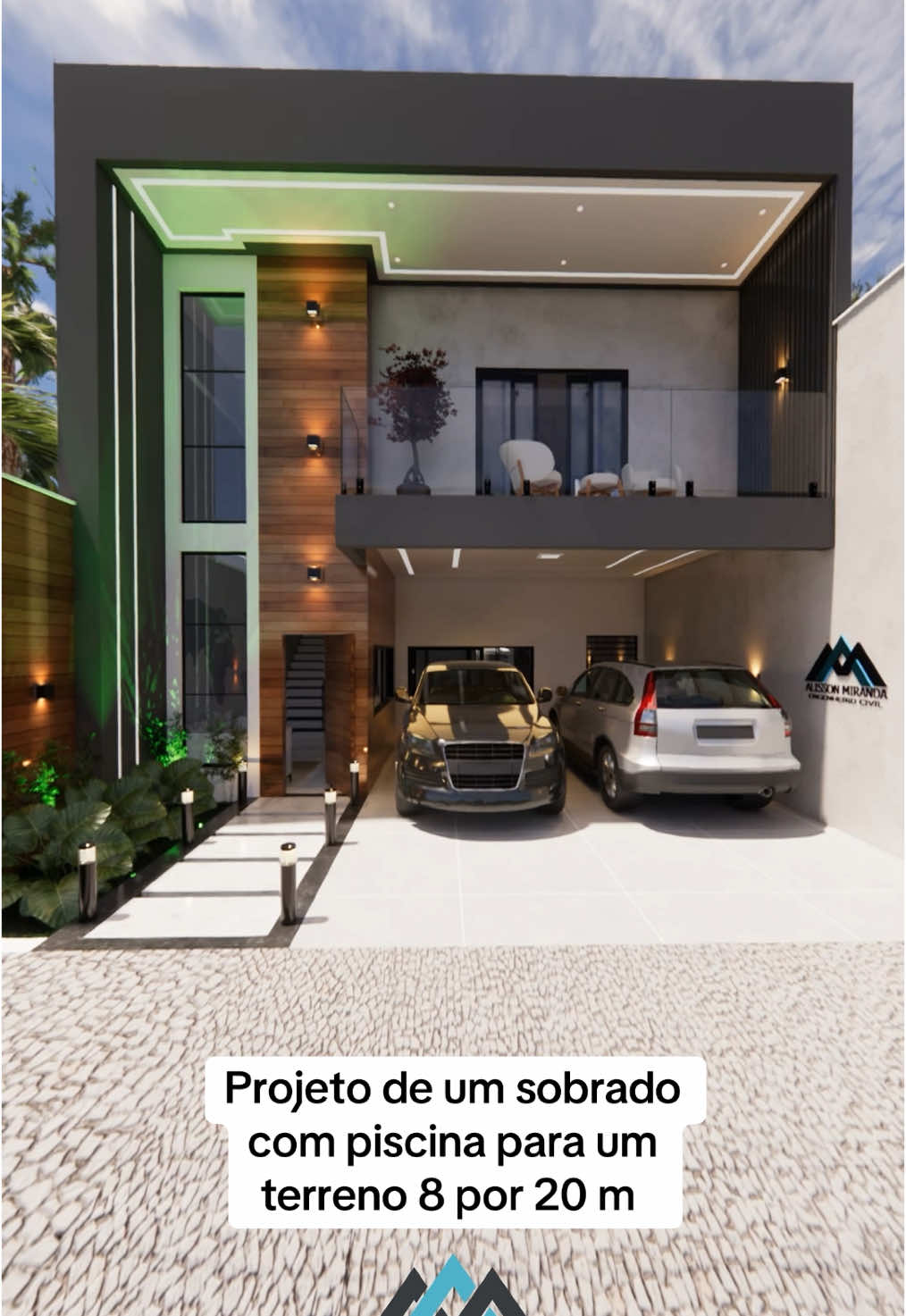 Projeto de um sobrado com piscina para um terreno 8 x 20 m. Hoje eu vou mostrar o 3D completo desse projeto espetacular  #obra #alphaville #saopaulo #engenhariacivil #projeto #lar #casa #fachadasmodernas #fachada #sonho 