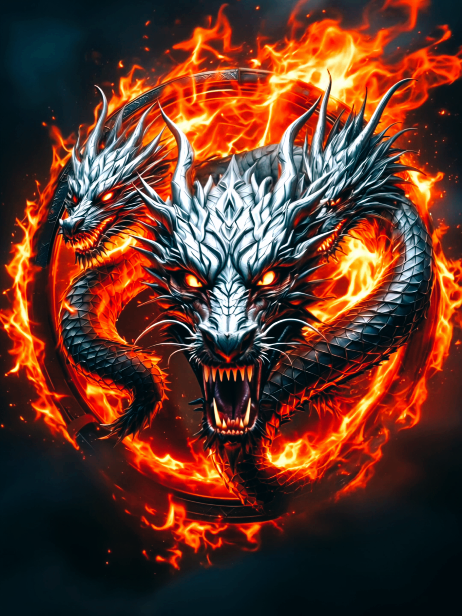 A monstrous three-headed dragon forged from molten silver emerges from a blazing inferno. Surrounded by swirling flames and crackling embers, its glowing red eyes pierce the darkness as it unleashes a fiery roar, ready to dominate the night sky. #livewallpaper #4klivewallpaper #dragons #dragonfire #inferno #beast #epicfantasy #fantasyart #public #fyp #fyi 