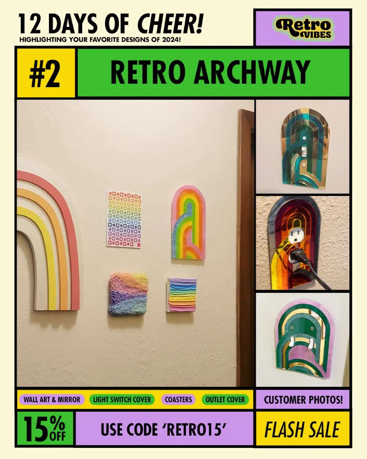 You love it, we love it, our Retro Archway design. This design was from our retro collection that we released almost 3 years ago and was an instant hit. We get a lot of orders for the light switch and outlet covers but also for the mega wall mirrors which is super fun. This one is both minimal and a statement maker depending on how you customize it!  #wallartdecor #homedecorideas #funkydecor #handmade #shopsmall #renterfriendly 