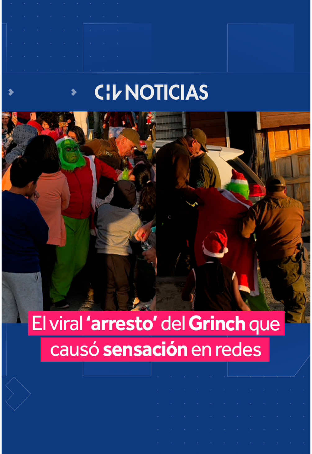 ¡HASTA LLEGÓ CARABINEROS! 😱😅 🎄 A través de redes sociales, se viralizó el “arresto” del Grinch en el pueblo de Melinka, al sur de Chile. 👮 ¡Con presencia policial! Como se ve en las imágenes, el particular acto contó con la participación de Carabineros, siendo los encargados de llevarse al personaje. 🫣 El momento causó sensación entre los usuarios, quienes aseguraron que “ya no podrá seguir arruinando la Navidad”. ¿Qué te pareció? 🎥: cotev._ #CHVNoticias #CHVNacional #ViralCHV