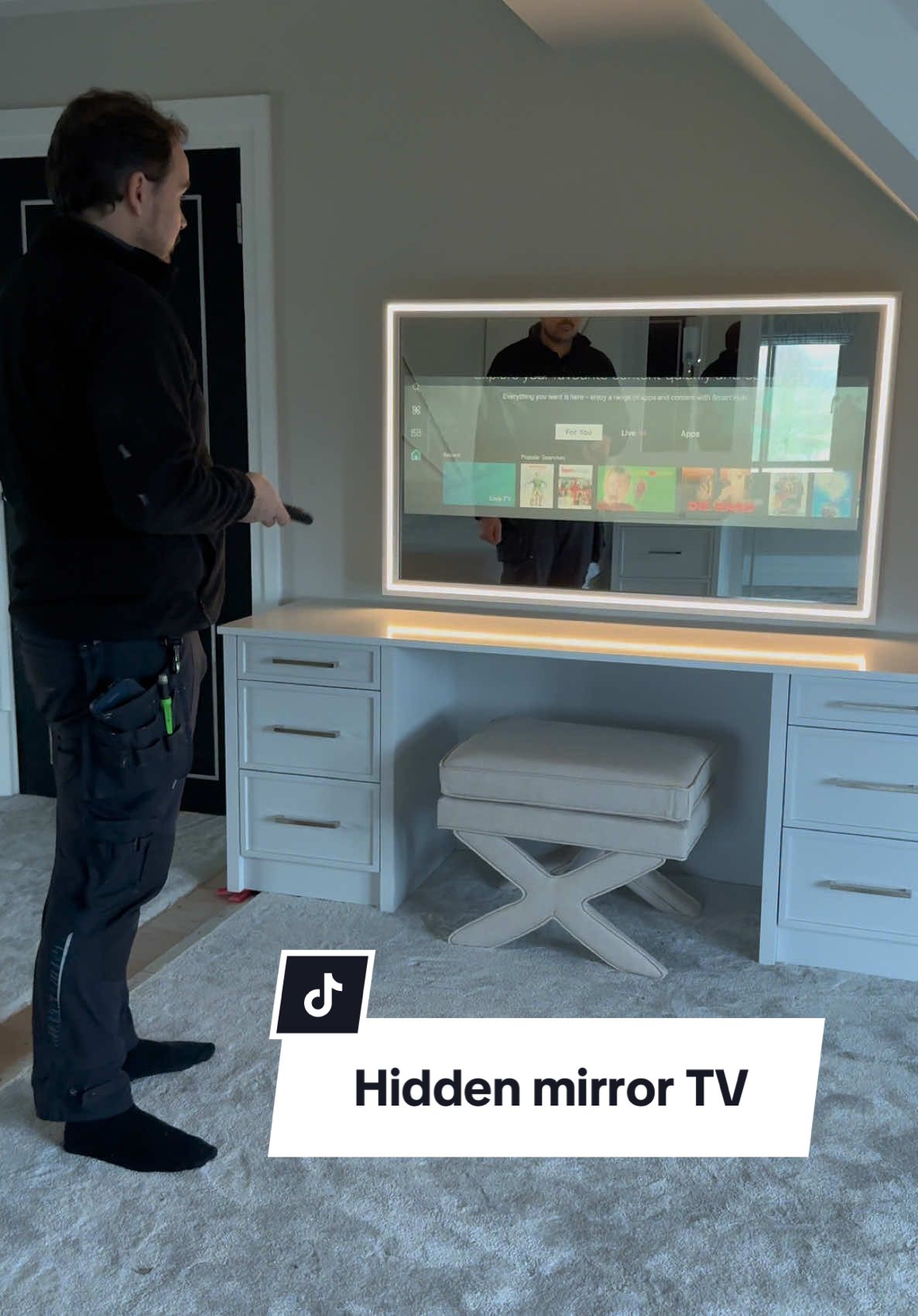 When theres not enough space for a TV and a mirror above your dressing table, make a mirror that’s also a TV!#cabinetmaker #interiordesign #mirrortv #hollywoodmirror #bespokefurniture #dressingroom 