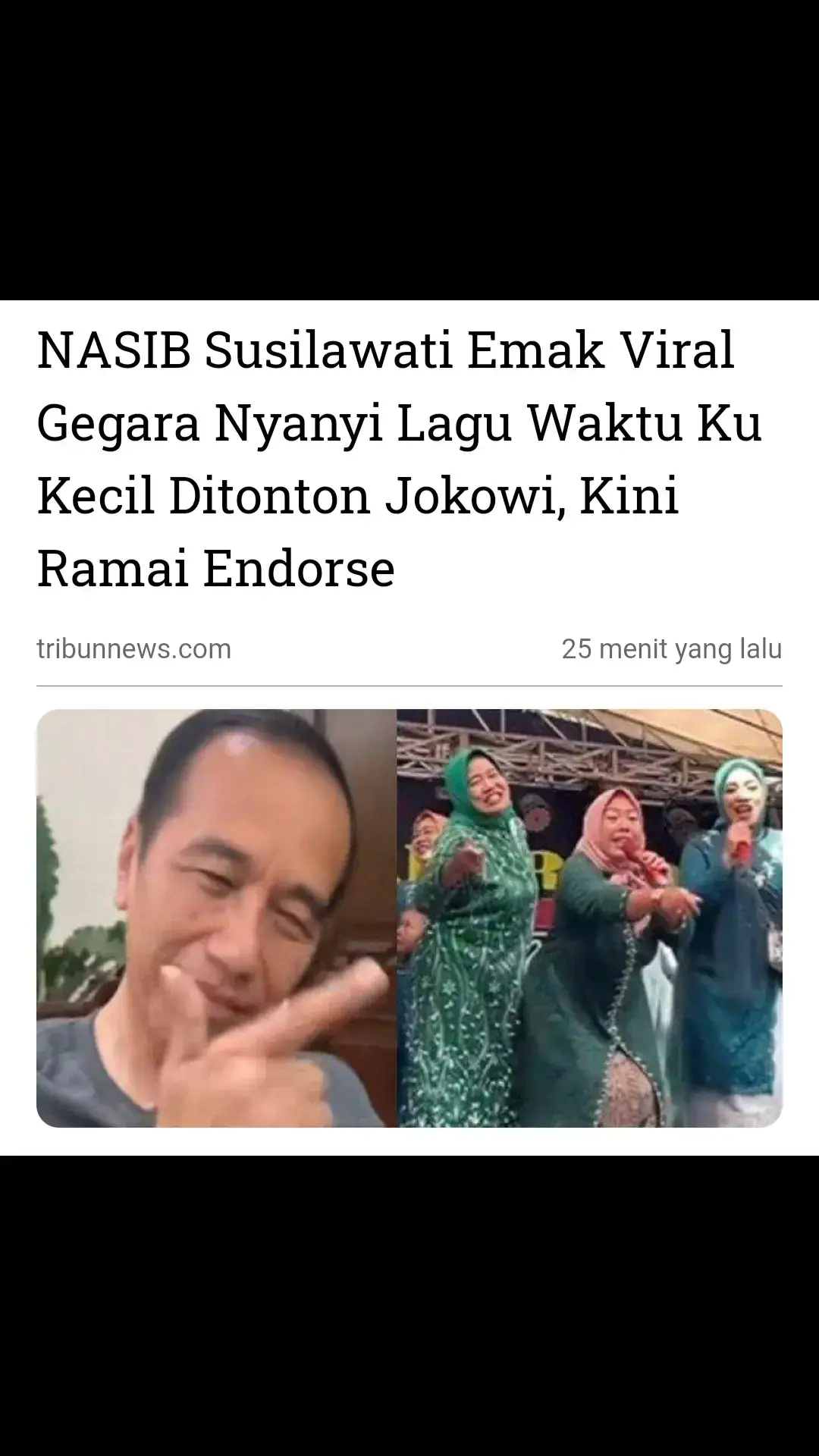 Beginilah nasib mujur Susilawati emak-emak viral gegara nyanyi lagu Waktu Ku Kecil. Setelah viral nyanyikan lagu Waktu Ku Kecil hingga ditonton Joko Widodo, Susilawati kini sudah mendapat endorse.  Sosok Ibu yang nyanyi dan berjoged lagu Waktu ku kecil Ku tak tau... apa yang nyempil Ku sentil-sentil... ku kira ape... di atas panggung hajatan akhirnya diketahui. Wanita itu bernama Susilawati, seorang ibu rumah tangga asal Lampung. Penampilan Susilawati di dalam video dengan kebaya hijau menarik perhatian banyak orang, termasuk Presiden RI ke 7, Joko Widodo. Video reaction Presiden Jokowi diunggah di akun Instagram pribadinya @jokowi. Dalam video tersebut, Jokowi tampak menggoyangkan kepala saat mendengarkan lagu itu. Saat Susilawati menyanyikan lirik 'ku kira botol, tahunya pistol, tembak, tembak', Jokowi terlihat mengikuti gerakan tembak dengan tangan membentuk seperti pistol. 