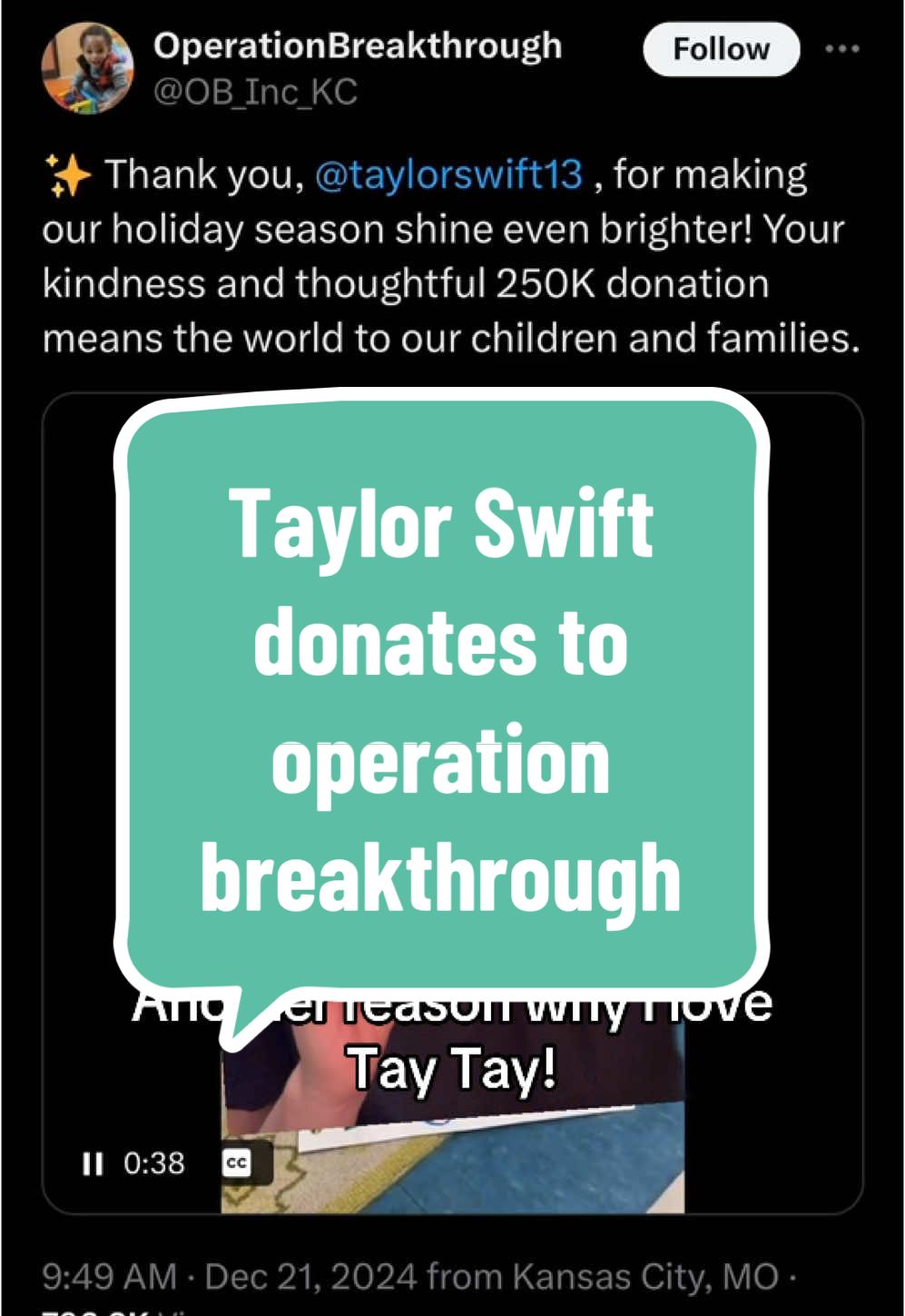 Taylor Swift donated $250,000 to the organization (operation breakthrough) Travis Kelce / 87 & running has supported for last decade!! Another reason why i Love her!  The money from Taylor will be divided between three programs:  the workforce development and entrepreneurship program which includes 10 labs where kids can learn industry trades, the before and after school program which provides child care services for families when school is not in session, and the early learners program. #taylorswifttraviskelce #taylorswiftdonations #taylorswift #fyp @Taylor Swift @Travis Kelce 