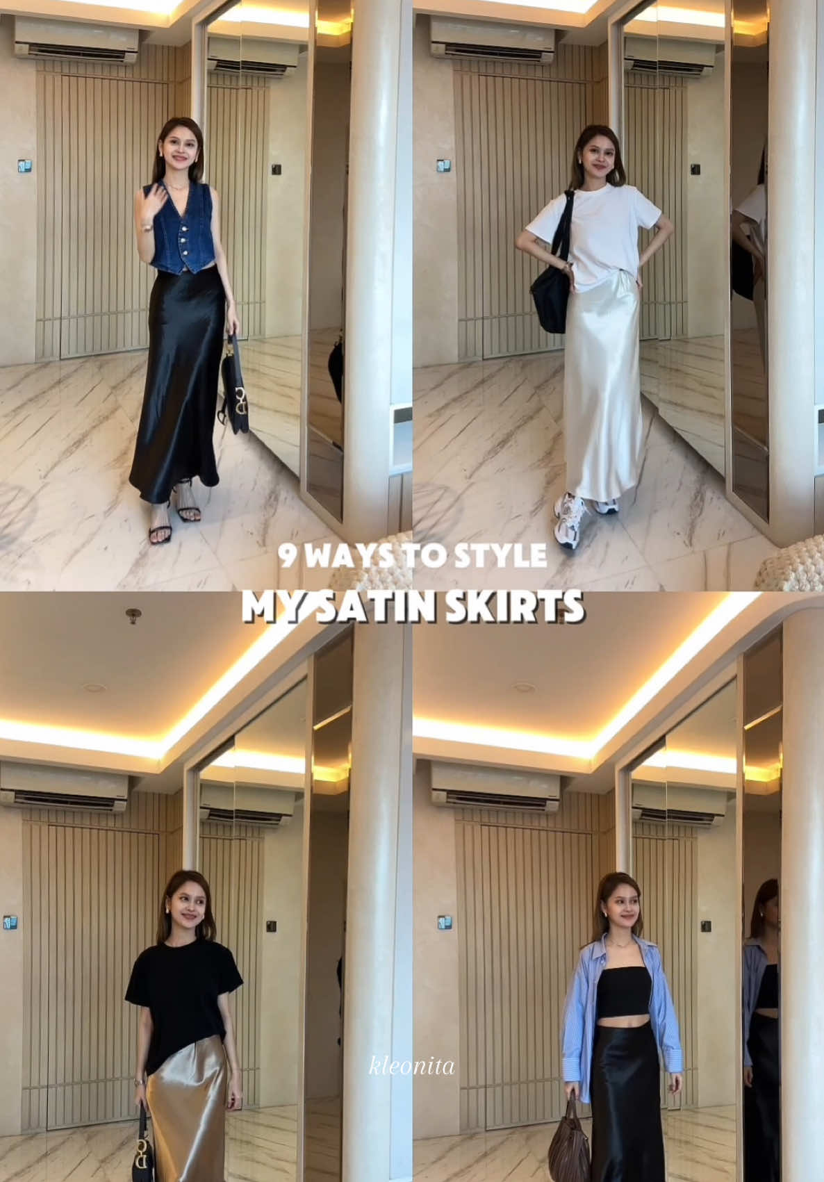 9 ide styling satin skirt.. di video ini aku pake 3 warna satin skirt yaa :  • black • white • gold karna belakangan ini mulai banyak bgt penggemar satin skirt, biar gak bingung2 lg mau di styling gmn coba save dulu video ini buat ide outfit nanti yaa 🫶🏻 @Jenn&Rose.Clothing  #OOTD #ootdinspiration #ootdfashion #casualoutfit #ootdindonesia #elegantstyle #outfitinspo #outfitideas #christmasoutfit #satinskirt #satinskirtoutfit 