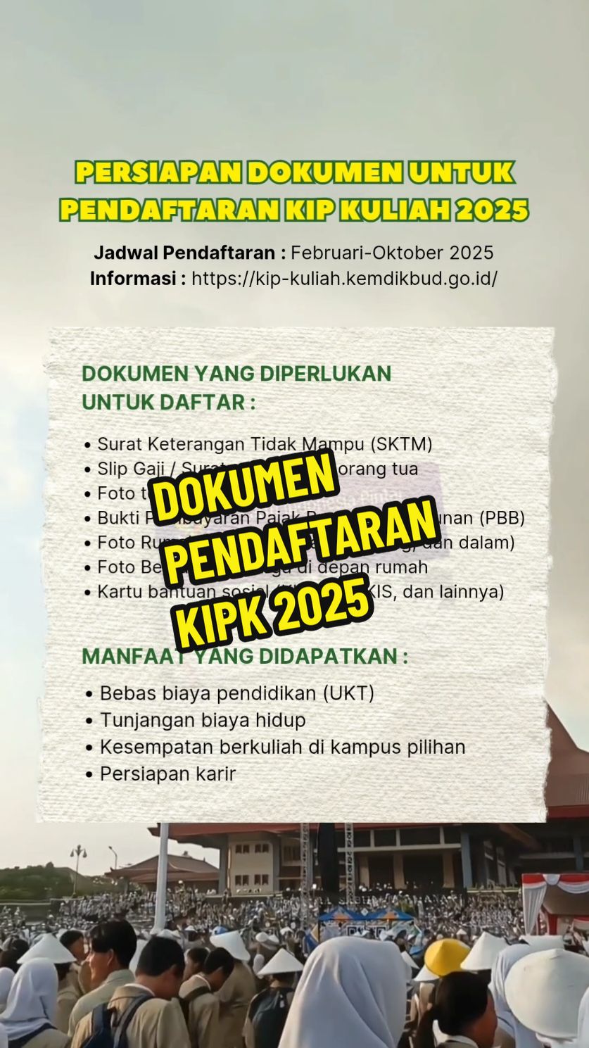 Berikut merupakan dokumen yang diperlukan untuk melakukan pendaftaran Beasiswa KIP Kuliah 2025 beserta manfaat yang akan kalian dapatkan ketika sudah diterima menjadi penerima beasiswa nihh guys🤩🙌 #kipk #kipkuliah #sktm #dtks #fyp #foryou 