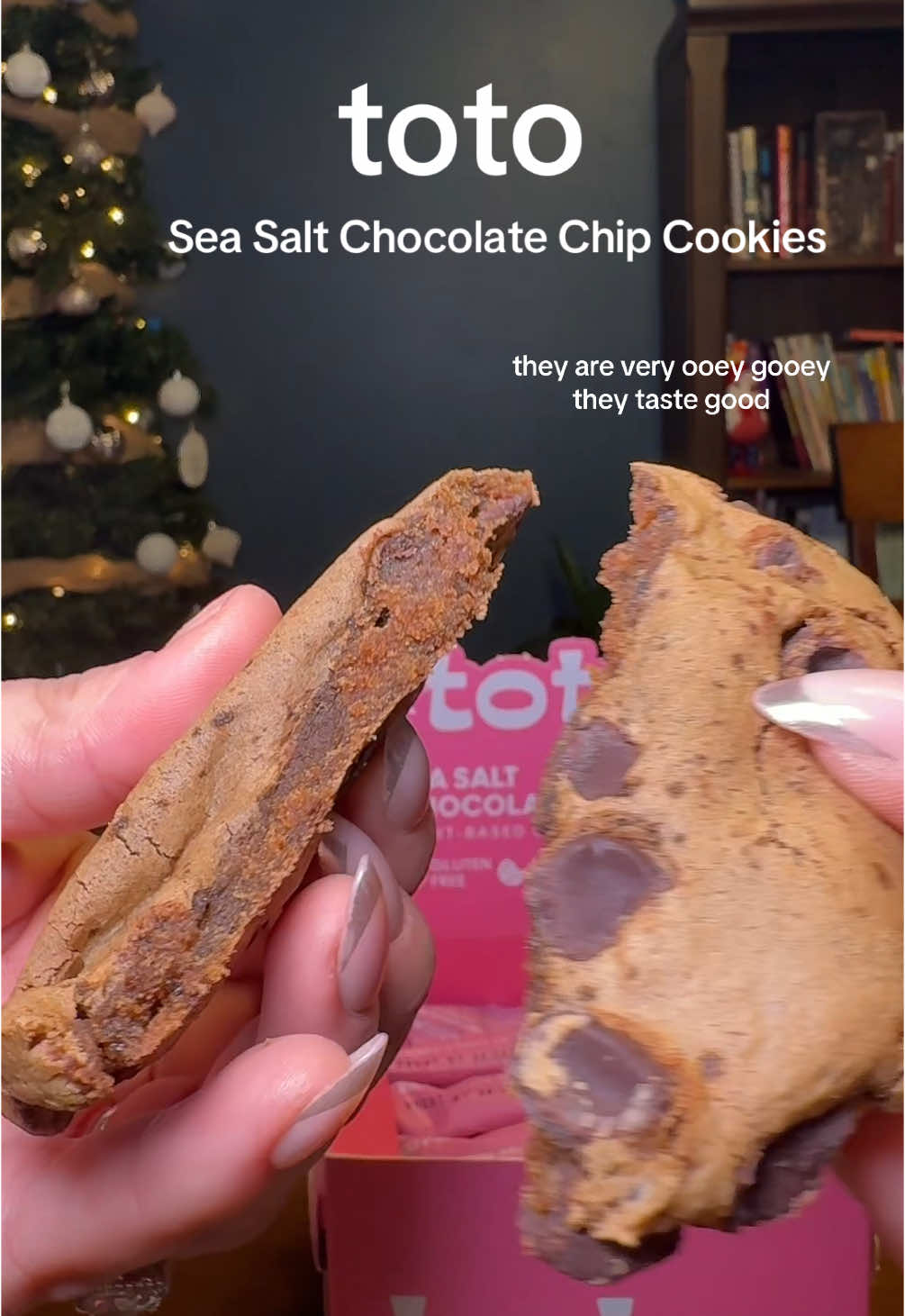 Toto's Sea Salt Chocolate Chip Cookies are made with almond butter, vegan chocolate chips, organic oat flour, and flaxseed. They include superfoods like reishi and turkey tail mushrooms for added health benefits and are sweetened with organic coconut sugar. A sprinkle of flaky sea salt enhances the flavor, creating a balanced, plant-based treat that's both nutritious and delicious! #toto #totocookies #vegan #vegancookies #cookies #glutenfree #healthy #protein #proteincookie 